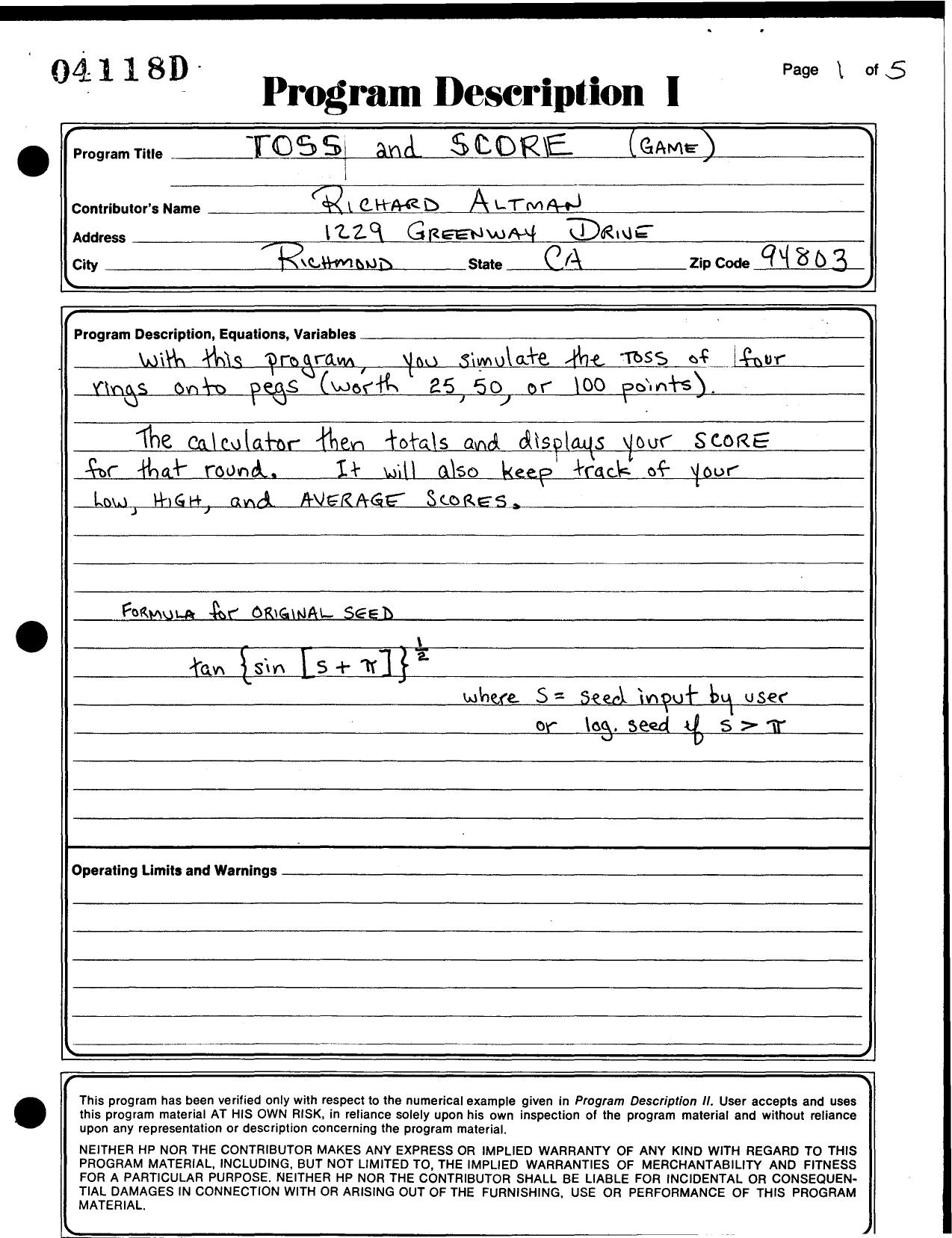 67Toss and Score by Unknown