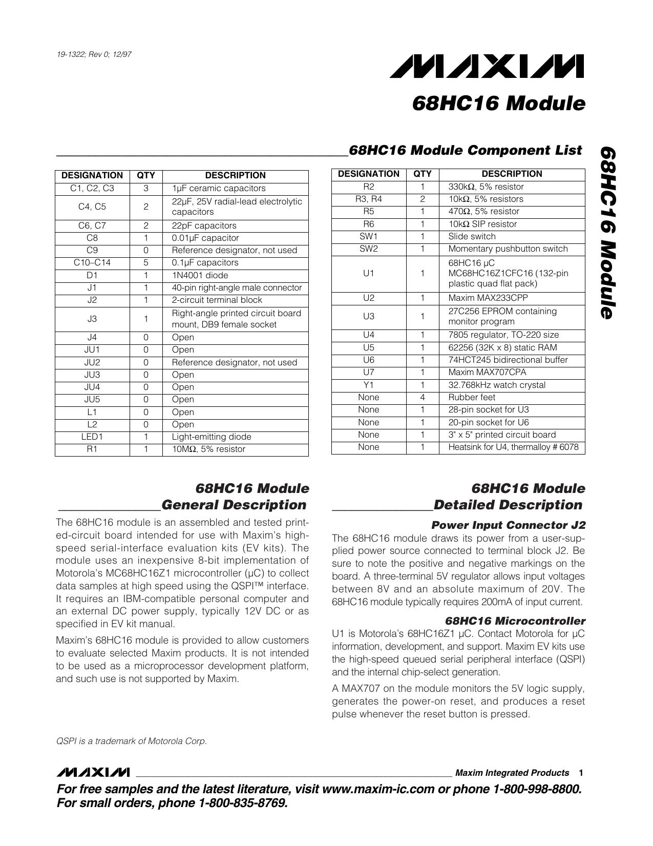68HC16 Module Full Data Sheet (PDF) by Maxim