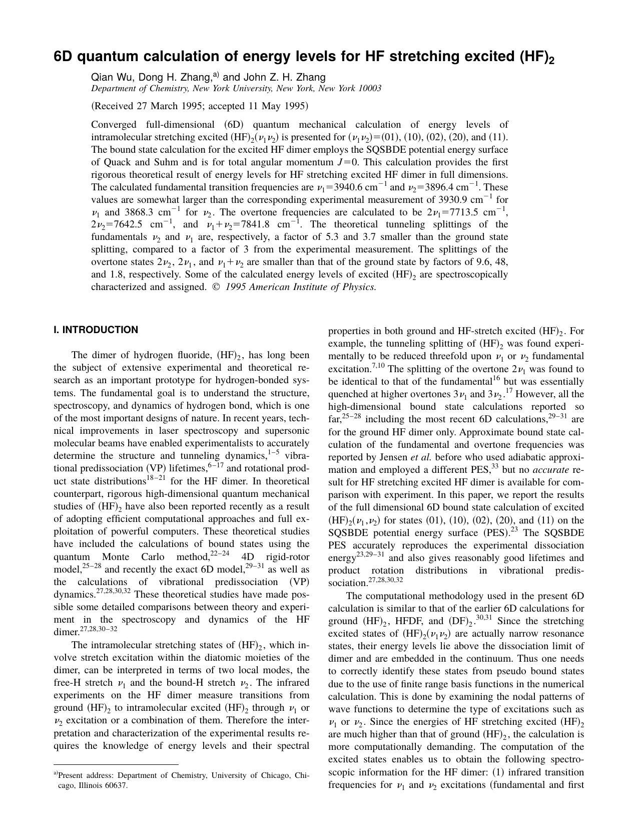 6D quantum calculation of energy levels for HF stretching excited [HF]2 by Qian Wu & Dong H. Zhang & and John Z. H. Zhang