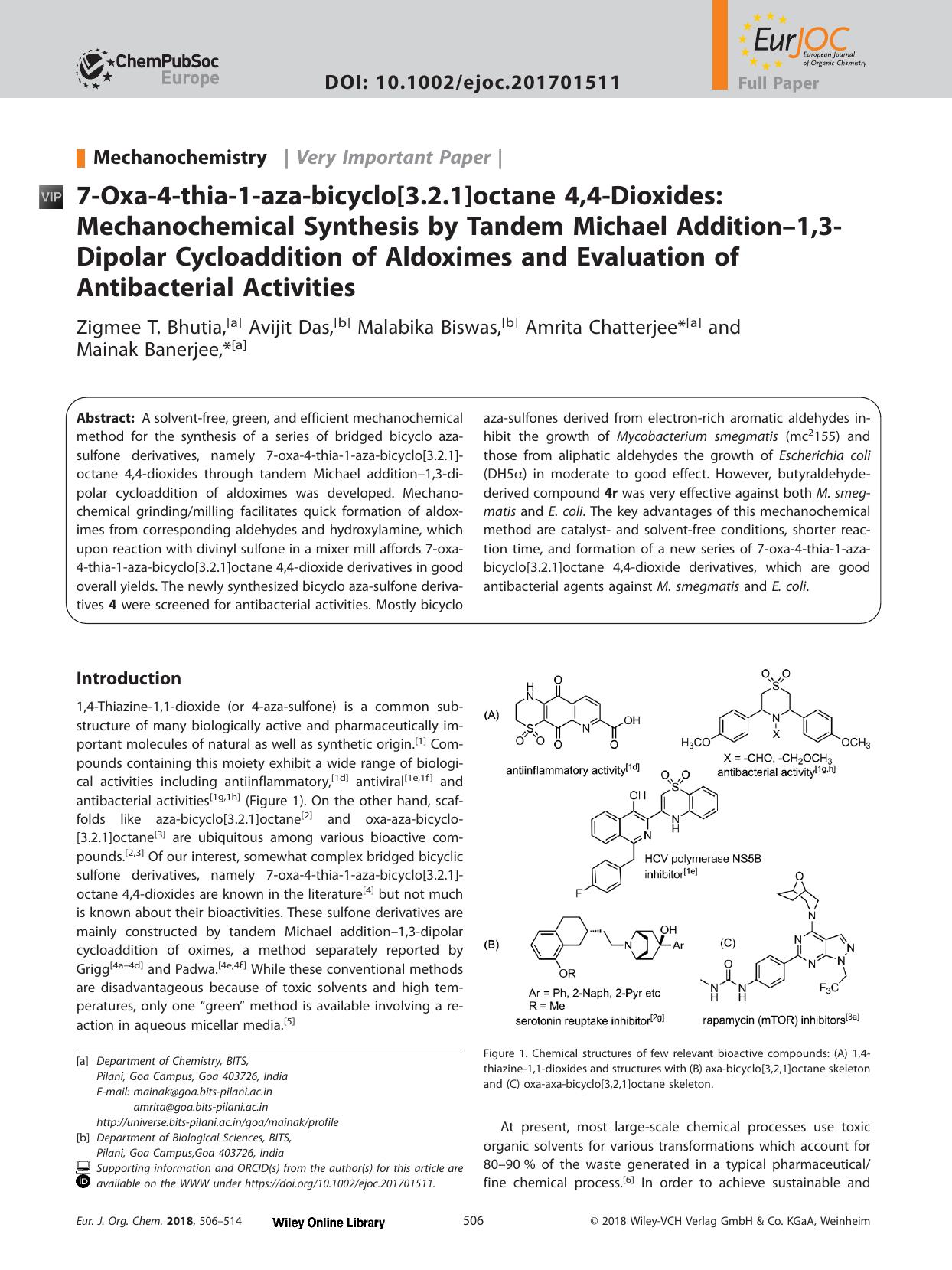 7‐Oxa‐4‐thia‐1‐aza‐bicyclo[3.2.1]octane 4,4‐Dioxides: Mechanochemical Synthesis by Tandem Michael Addition–1,3  by Unknown