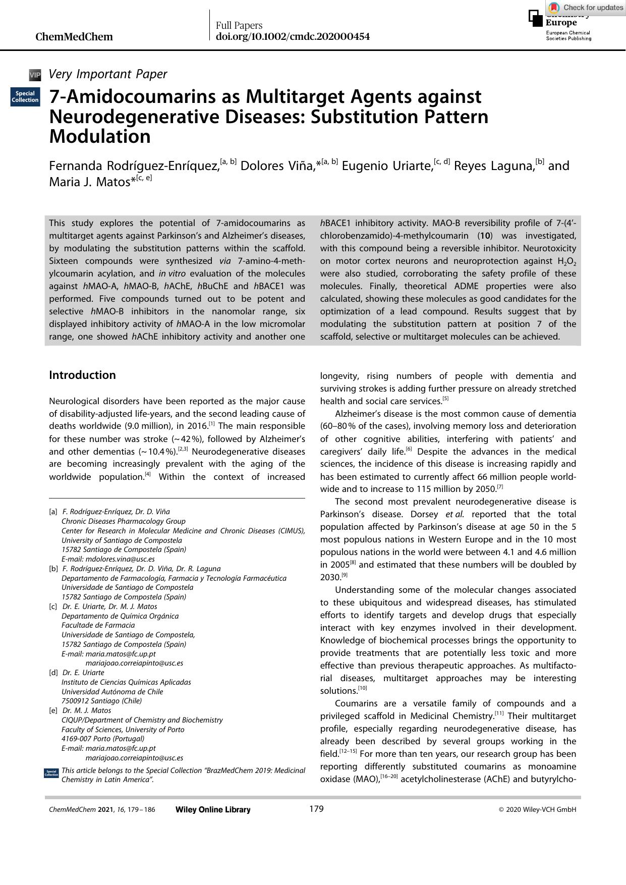 7âAmidocoumarins as Multitarget Agents against Neurodegenerative Diseases: Substitution Pattern Modulation by Unknown
