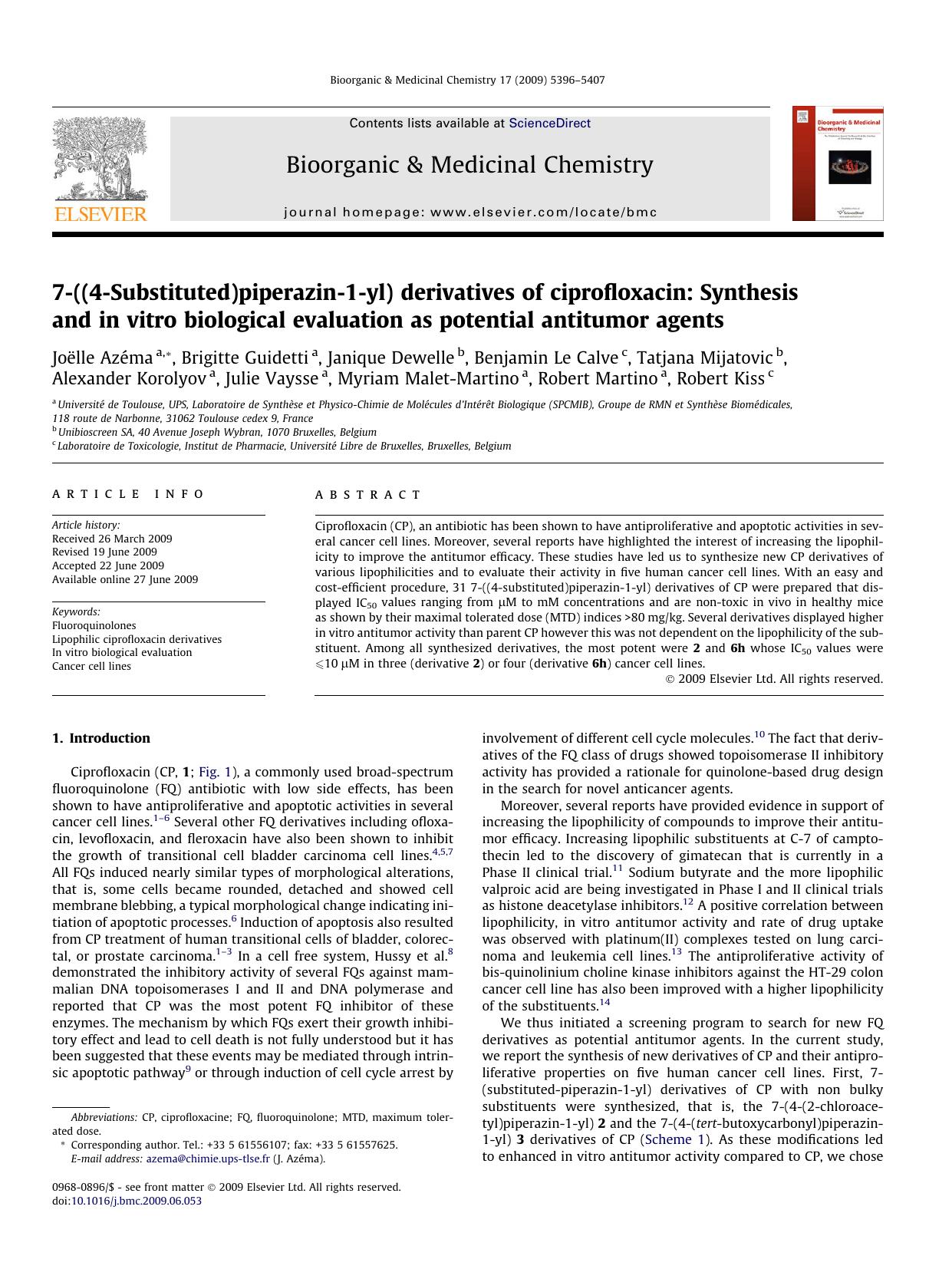 7-((4-Substituted)piperazin-1-yl) derivatives of ciprofloxacin: Synthesis and in vitro biological evaluation as potential antitumor agents by unknow