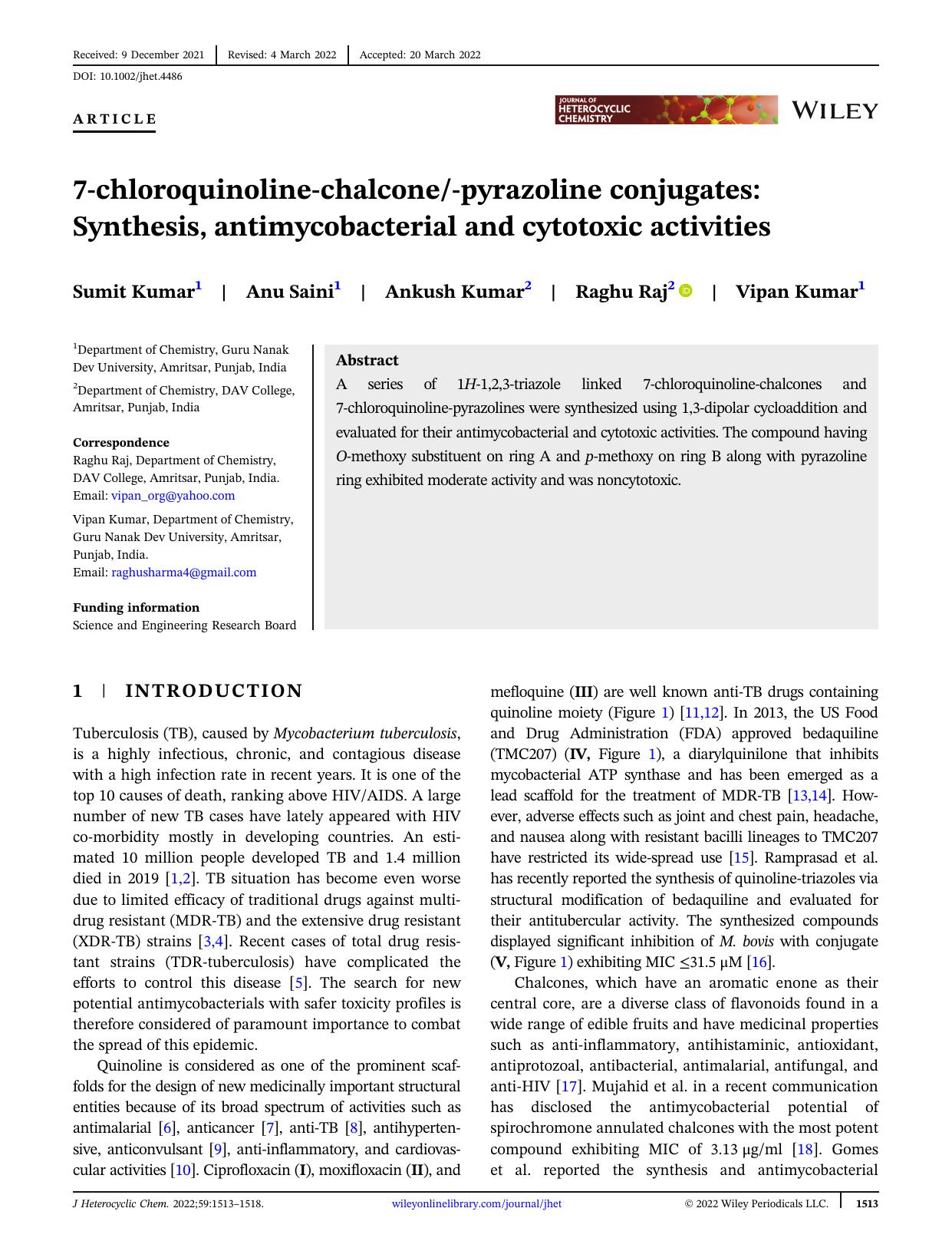 7-Chloroquinoline-Chalcone-Pyrazoline Conjugates: Synthesis, anti-Mycobacterial and Cytotoxic activities by Unknown