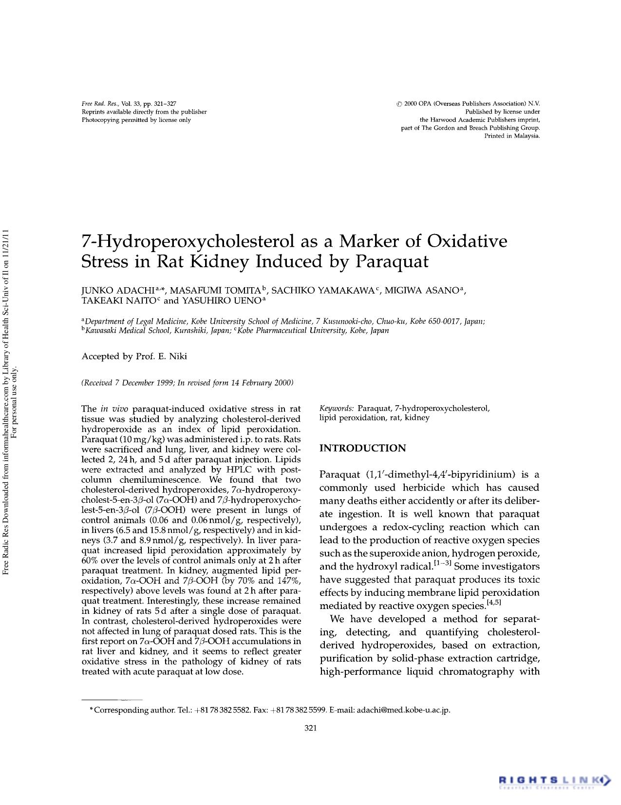 7-Hydroperoxycholesterol as a marker of oxidative stress in rat kidney induced by paraquat by Junko Adachi Masafumi Tomita Sachiko Yamakawa Migiwa Asano Takeaki Naito & Yasuhiro Ueno