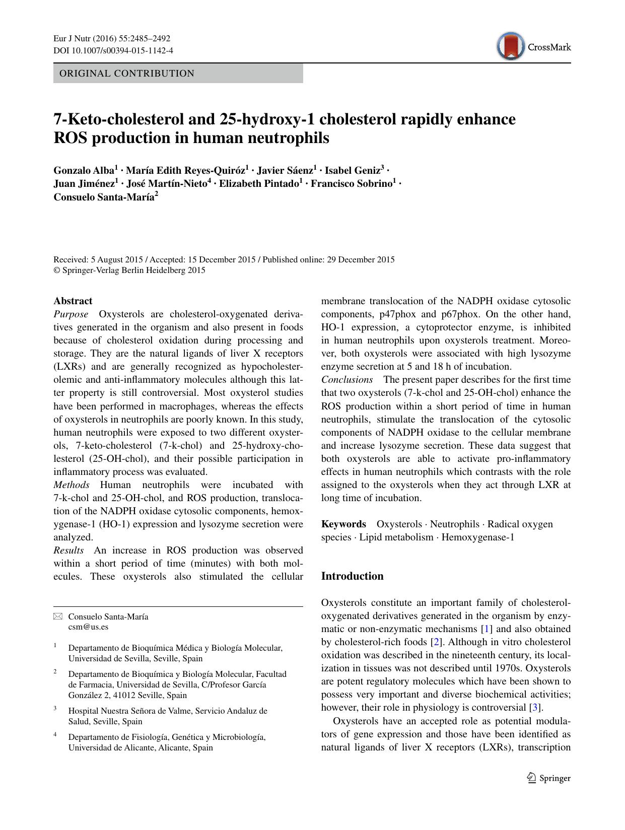 7-Keto-cholesterol and 25-hydroxy-1 cholesterol rapidly enhance ROS production in human neutrophils by unknow
