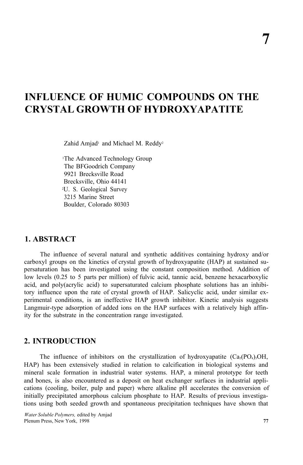 7. Influence of Humic Compounds on the Crystal Growth of Hydroxyapatite by Unknown