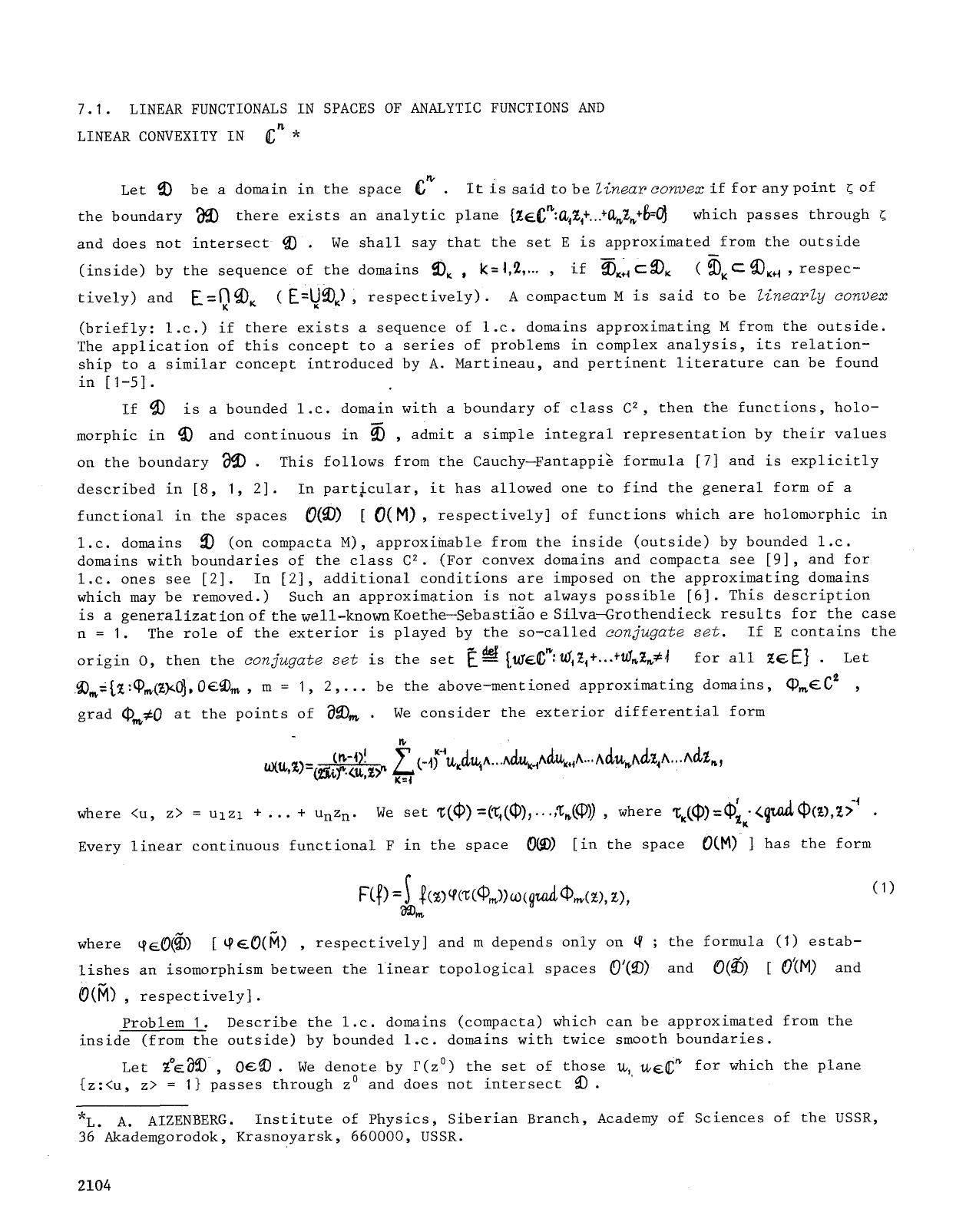 7.1. Linear functionals in spaces of analytic functions and linear convexity in &#x2102; <Superscript>n <Superscript> by Linear Functionals In Spaces Of Analytic Functions & Linear Convexity In C^n (1984)(3s)
