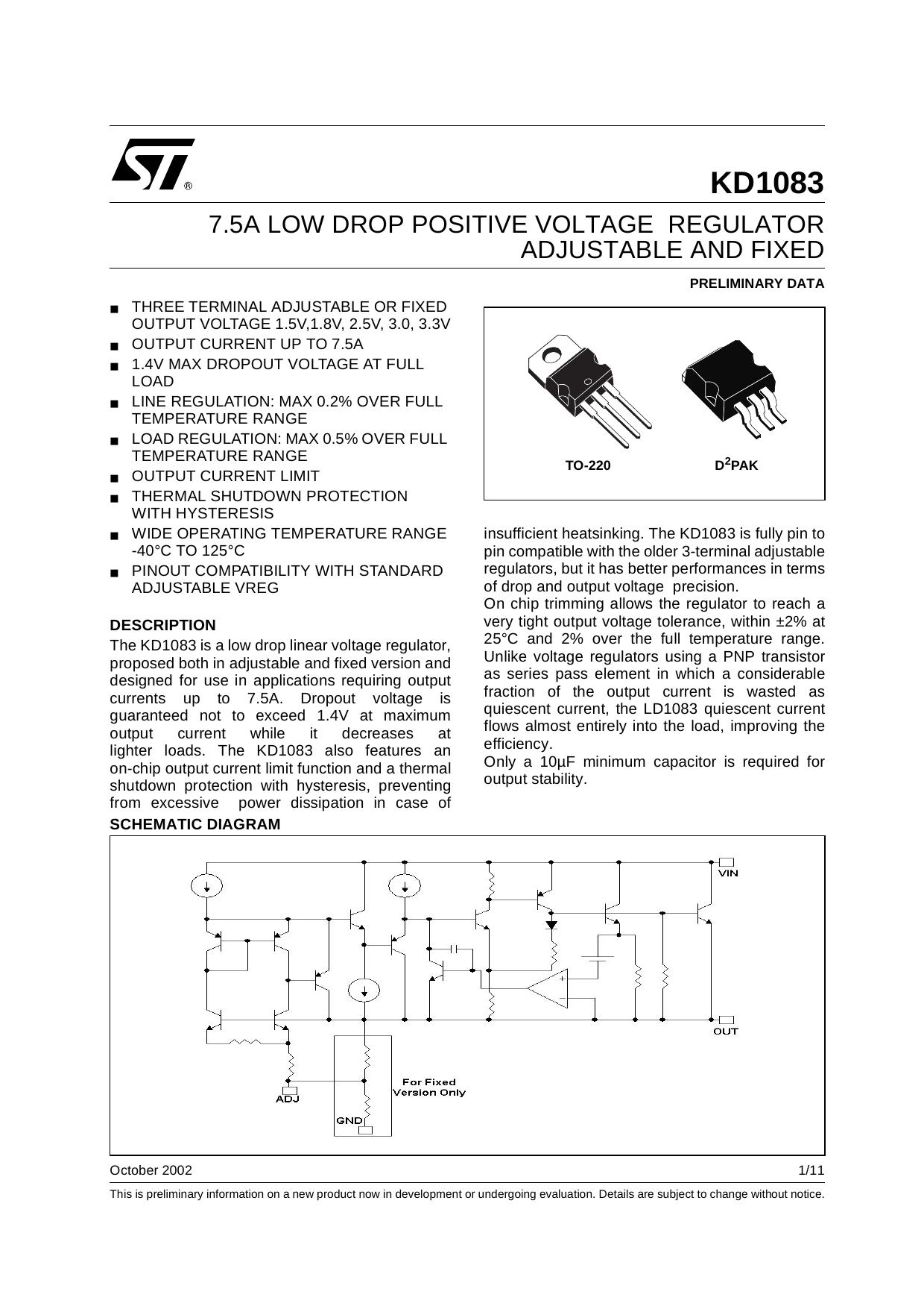 7.5A LOW DROP POSITIVE VOLTAGE REGIULATOR ADJUSTABLE AND FIXED by STMicroelectronics
