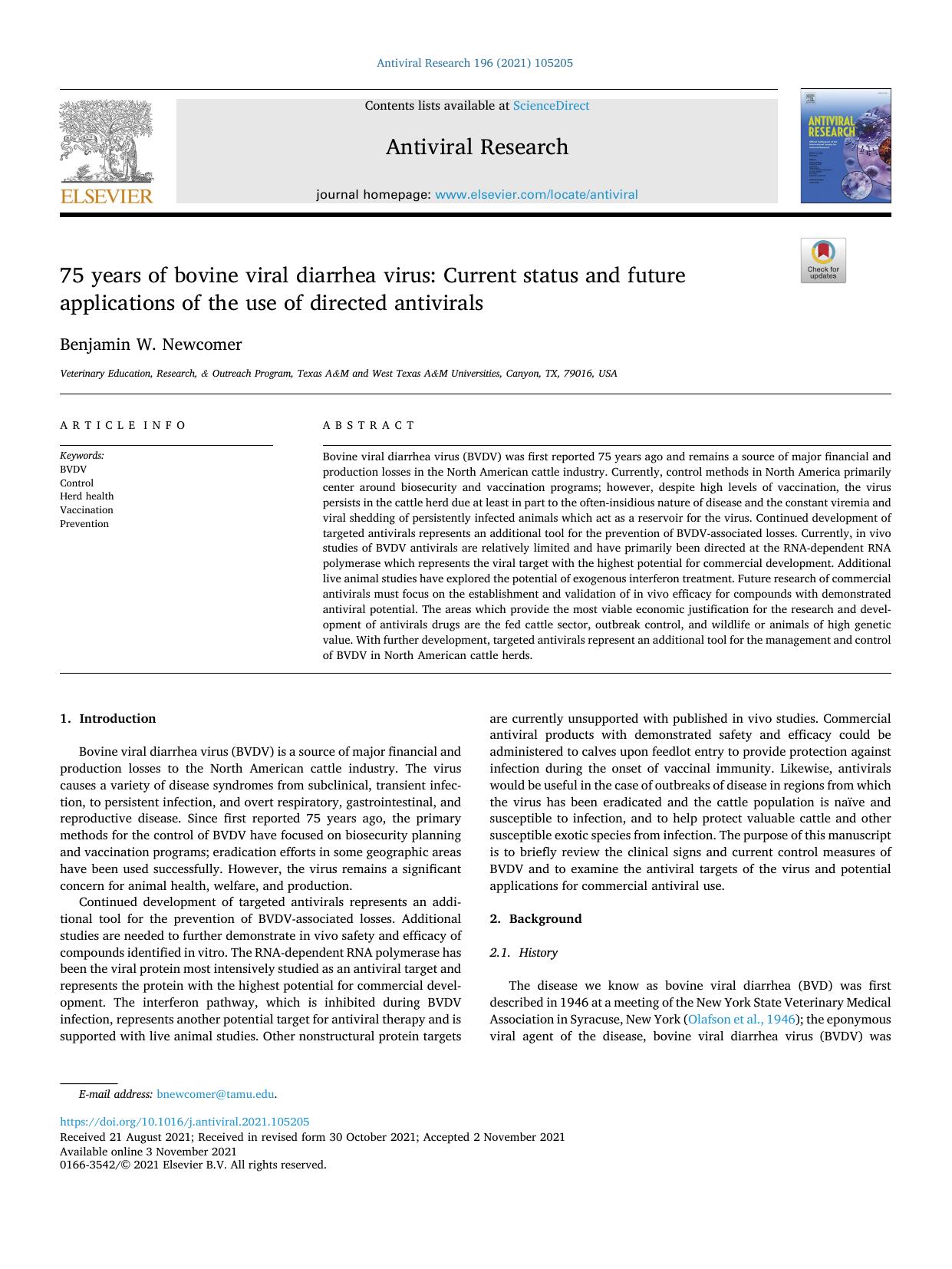75 years of bovine viral diarrhea virus: Current status and future applications of the use of directed antivirals by Benjamin W. Newcomer