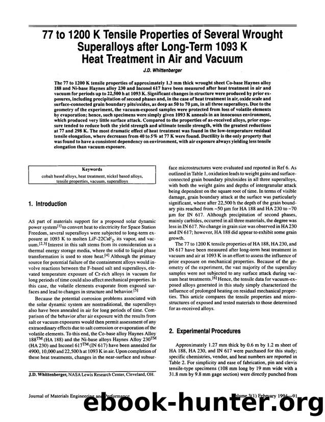 77 to 1200 K tensile properties of several wrought superalloys after long-term 1093 K heat treatment in air and vacuum by Unknown