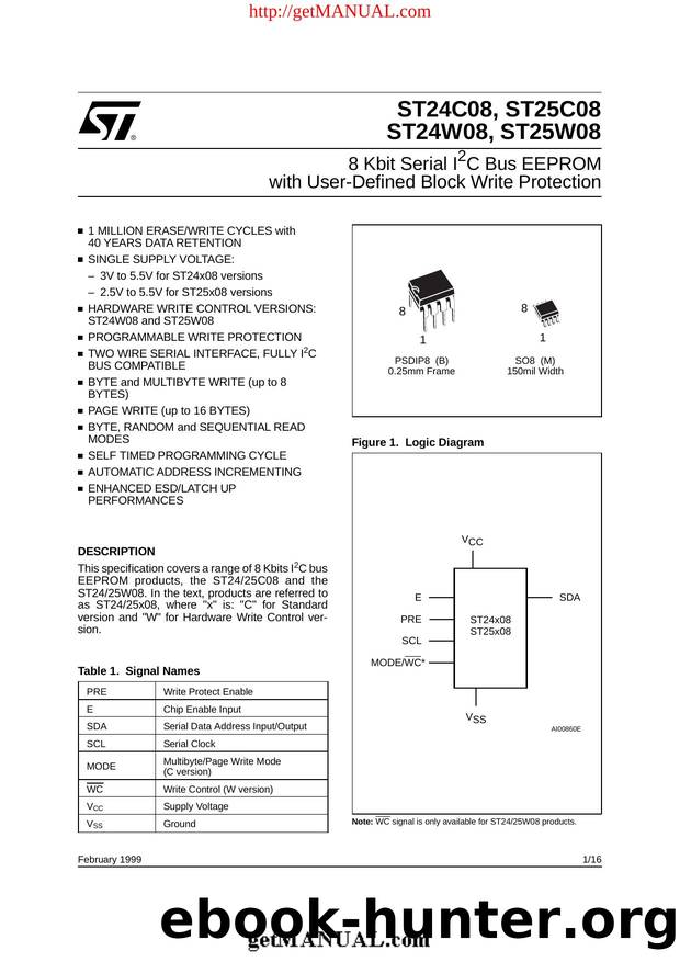 8 KBIT SERIAL I2C BUS EEPROM WITH USER-DEFINED BLOCK WRITE PROTECTION by STMicroelectronics