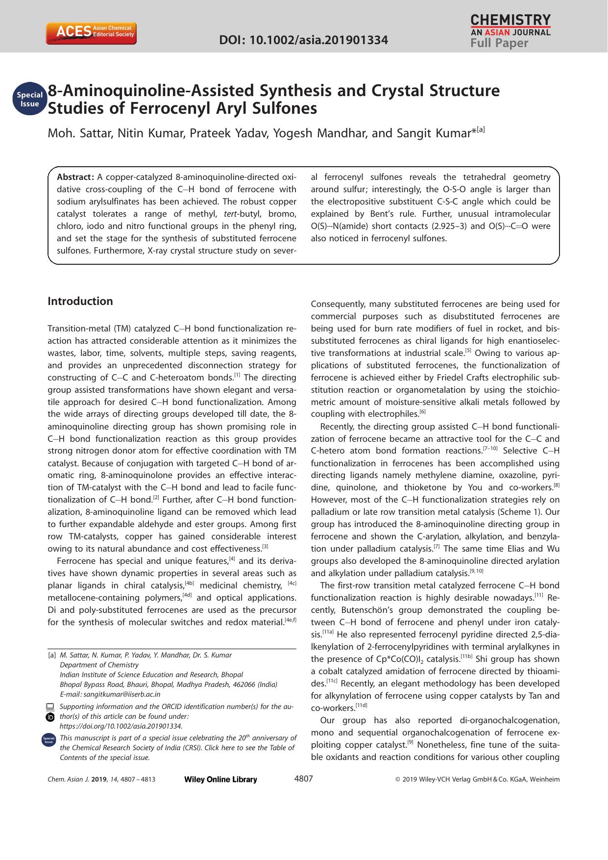 8âAminoquinolineâAssisted Synthesis and Crystal Structure Studies of Ferrocenyl Aryl Sulfones by Unknown