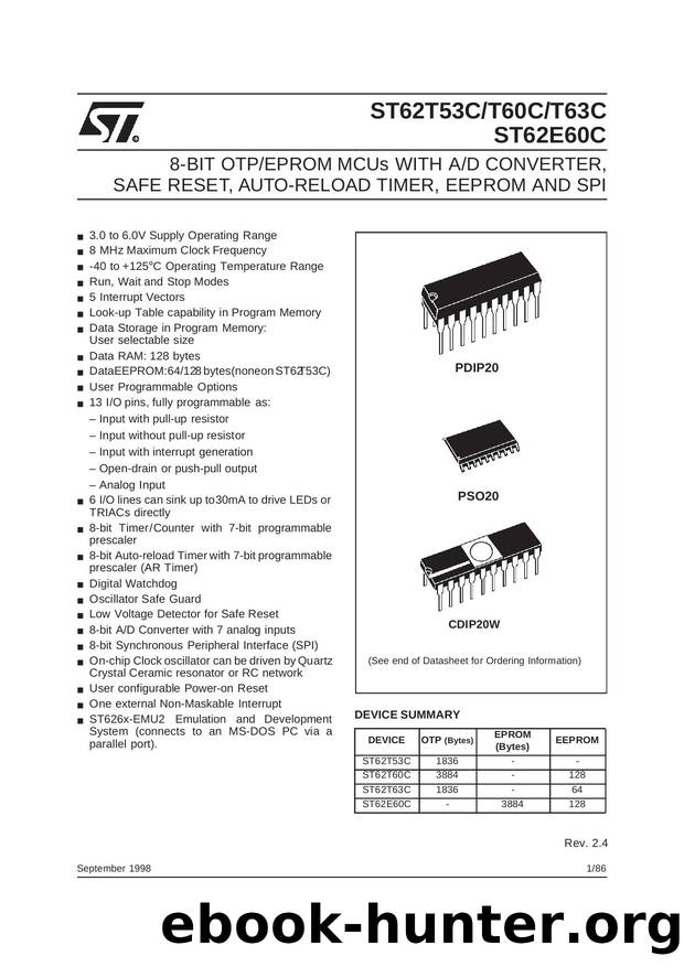 8-BIT MICROCONTROLLER ( MCU ) WITH OTP, ROM, FASTROM, EPROM, AD CONVERTER, SAFE RESET, AUTO-RELOAD TIMER, EEPROM AND SPI by STMicroelectronics