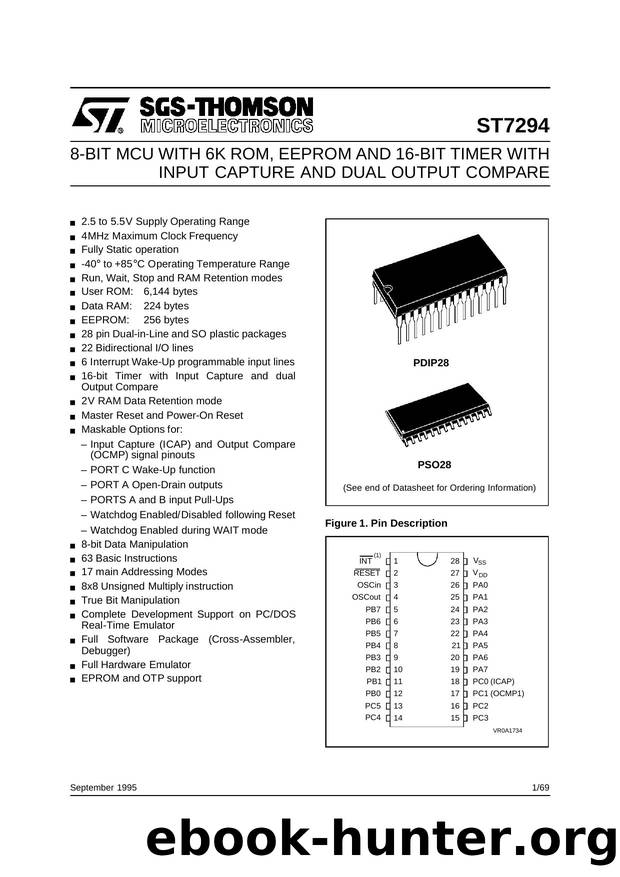 8-BIT MICROCONTROLLER (MCU) WITH 6K ROM, EPROM, OTP, EEPROM AND 16-BIT TIMER WITH INPUT CAPTURE AND DUAL OUTPUT COMPARE by SGS-THOMSON Microelectronics
