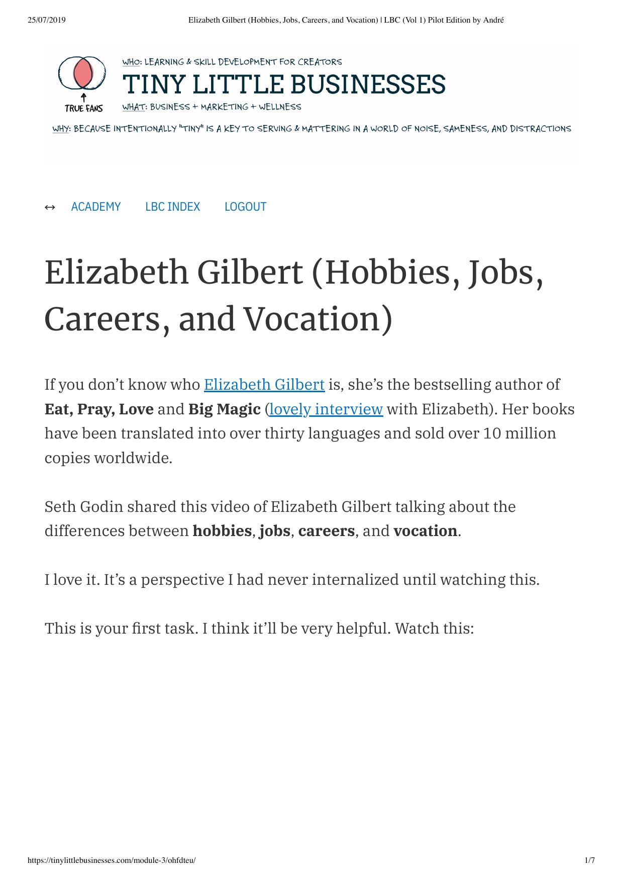 8. Elizabeth Gilbert (Hobbies, Jobs, Careers, and Vocation) LBC (Vol 1) Pilot Edition by André by Unknown