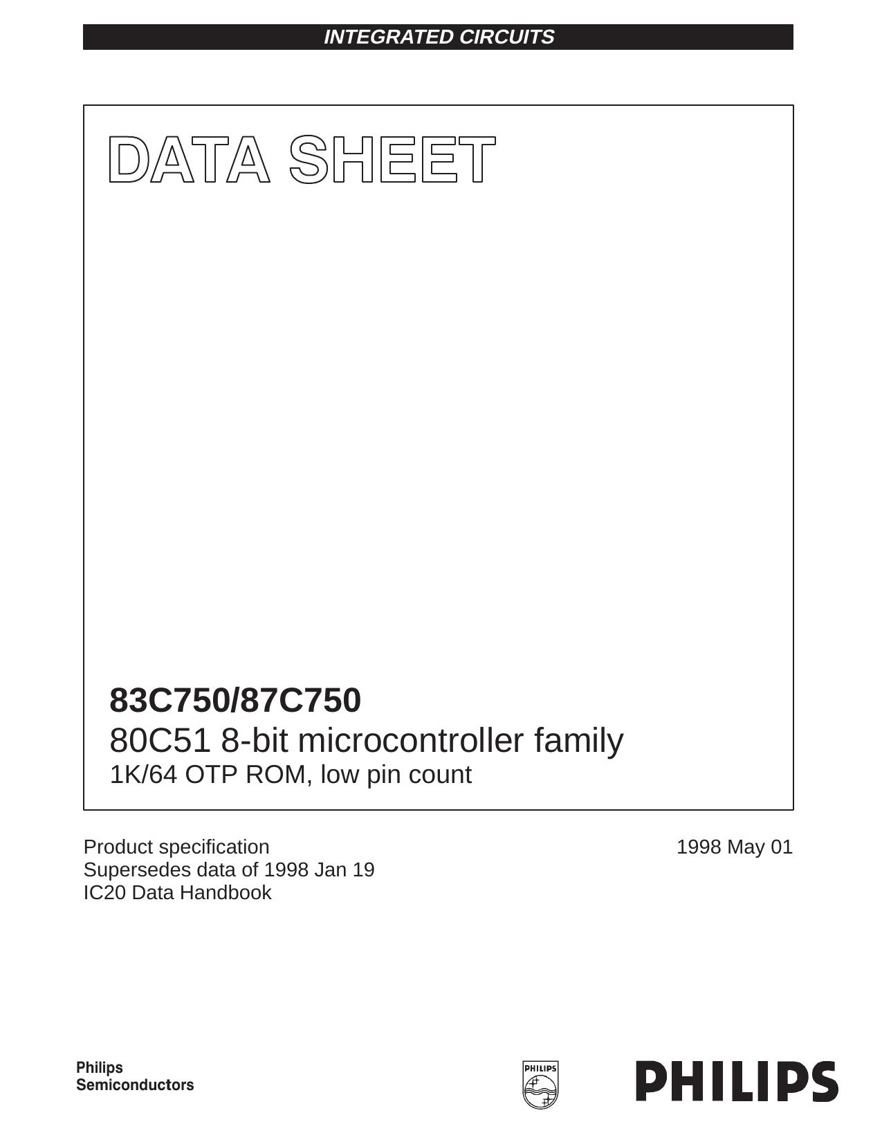80C51 8-bit microcontroller family 1K64 OTP ROM, low pin count by Philips Semiconductors