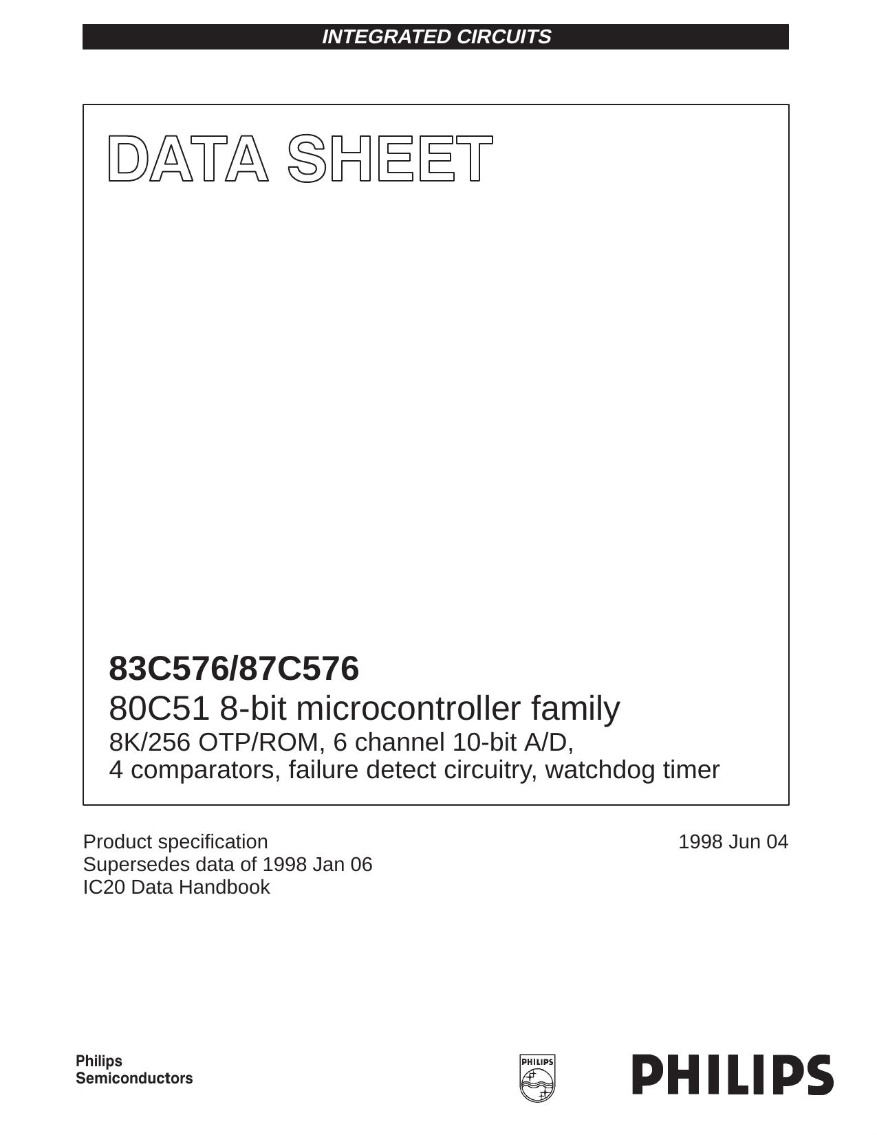 80C51 8-bit microcontroller family 8K 256 OTP ROM 6 channel 10-bit AD, 4 comparators, failure detect circuitry, watchdog timer by Philips Semiconductors