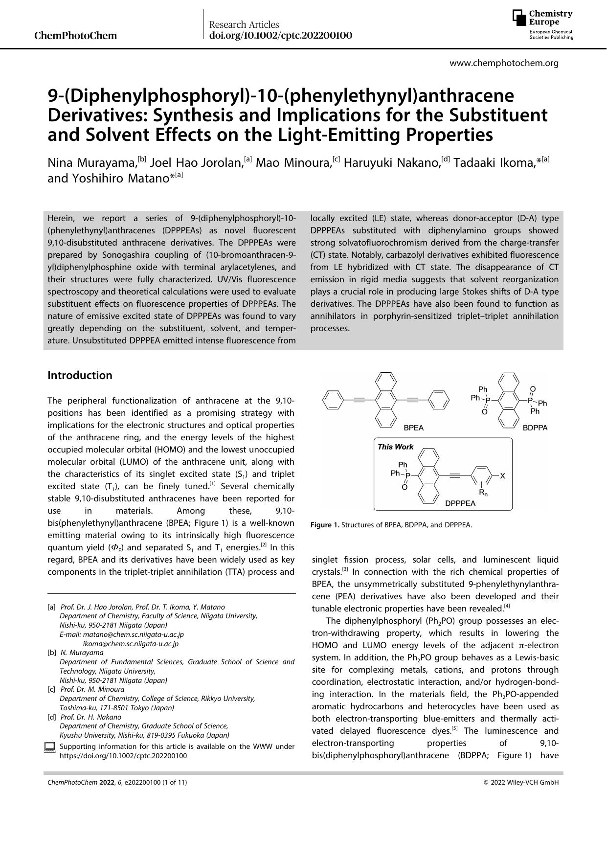 9â(Diphenylphosphoryl)â10â(phenylethynyl)anthracene Derivatives: Synthesis and Implications for the Substituent and Solvent Effects on the LightâEmitting Properties by Unknown