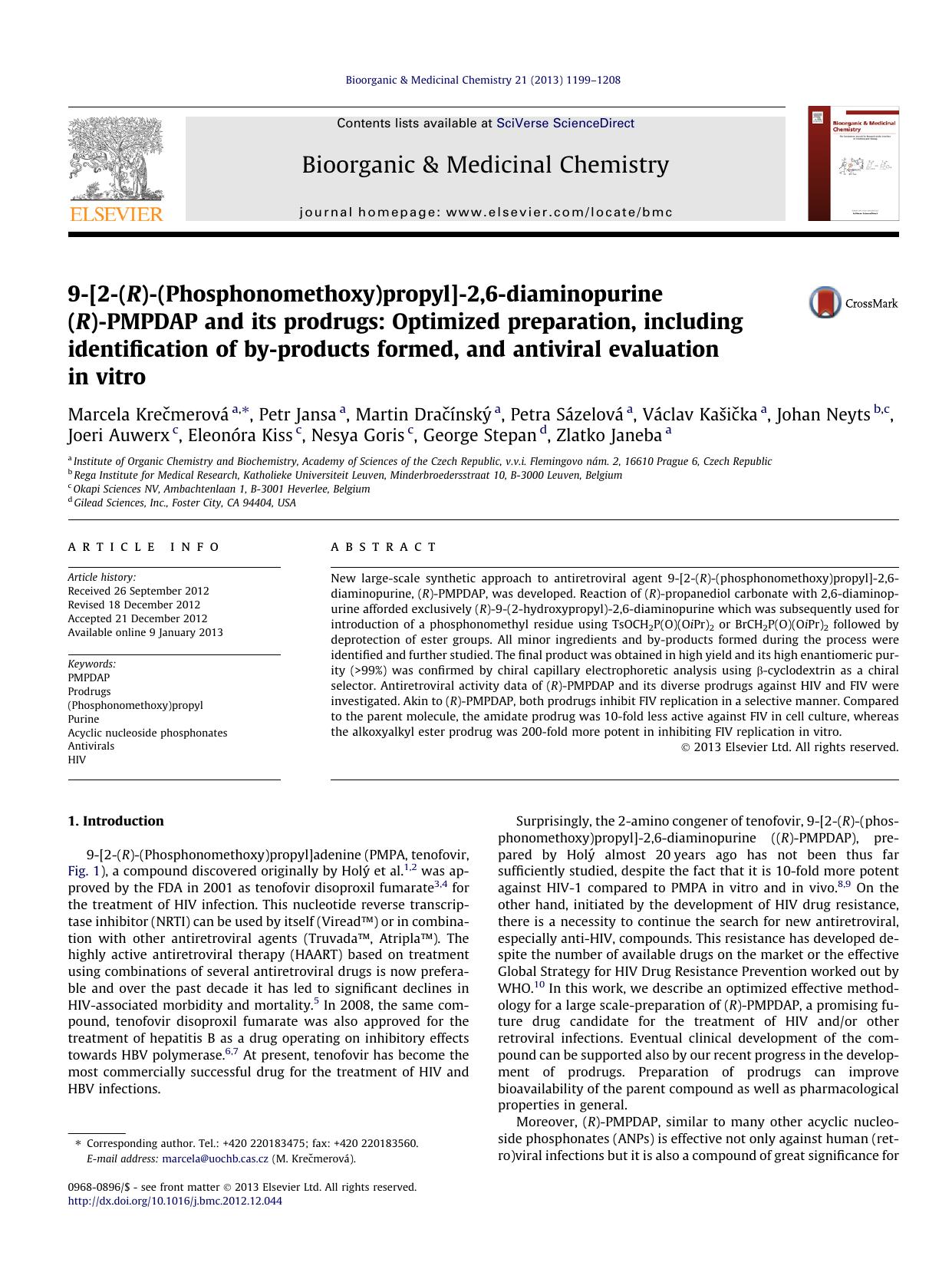 9-[2-(R)-(Phosphonomethoxy)propyl]-2,6-diaminopurine (R)-PMPDAP and its prodrugs: Optimized preparation, including identification of by-products formed, and antiviral evaluation in vitro by unknow