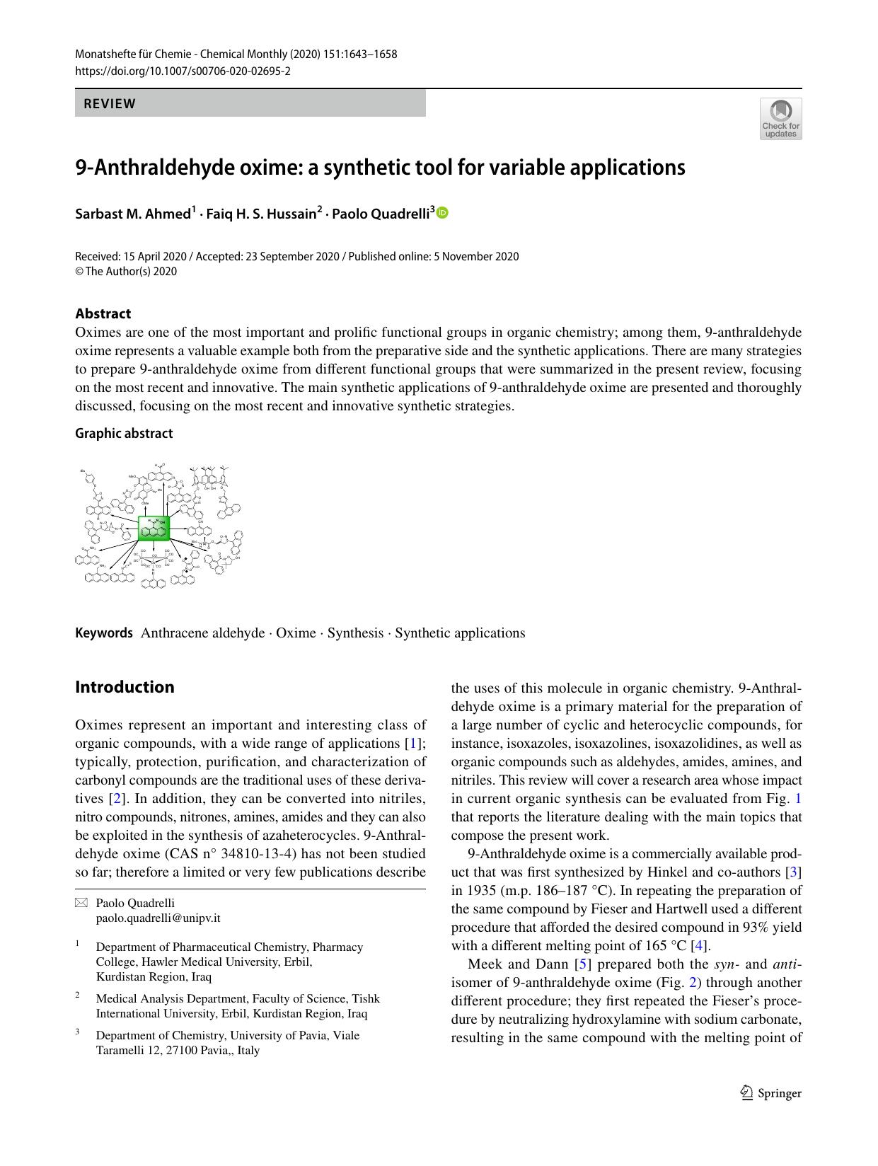 9-Anthraldehyde oxime: a synthetic tool for variable applications by Sarbast M. Ahmed & Faiq H. S. Hussain & Paolo Quadrelli