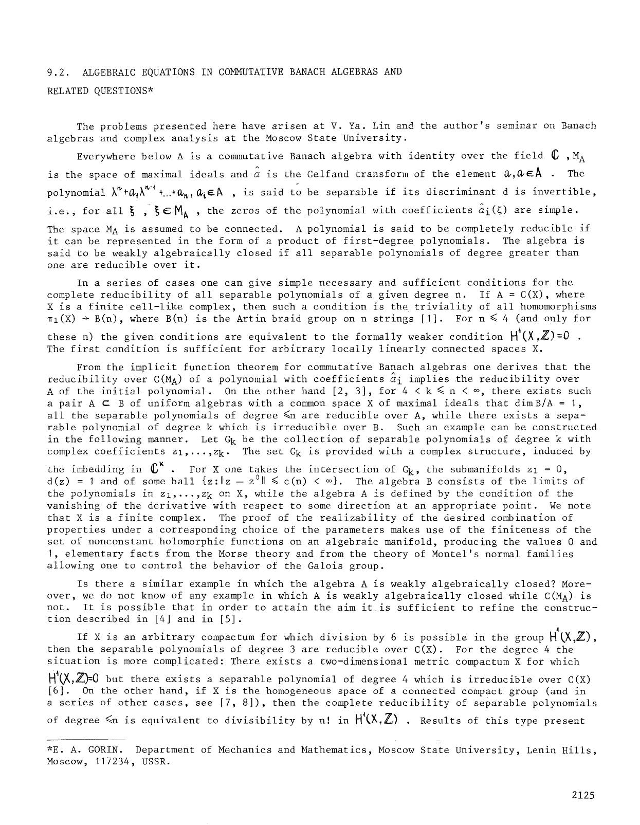 9.2. Algebraic equations in commutative Banach algebras and related questions by Algebraic equations in commutative Banach algebras & related questions (3s)