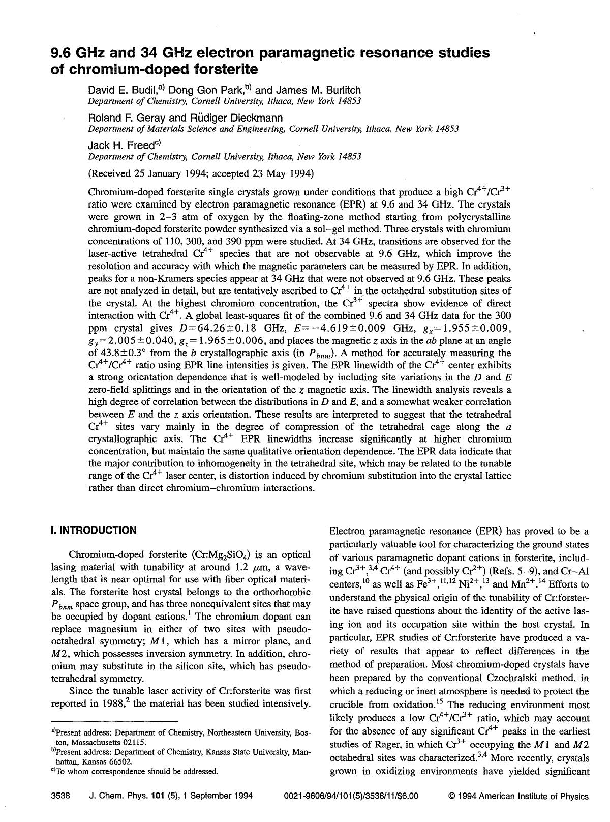 9.6 GHz and 34 GHz electron paramagnetic resonance studies of chromium-doped forsterite by David E. Budil; Dong Gon Park; James M. Burlitch; Roland F. Geray; Rudiger Dieckmann; Jack H. Freed