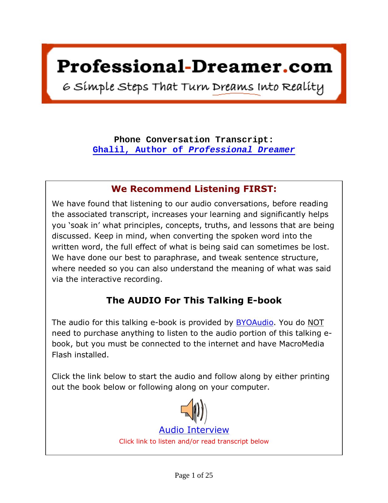 90-min Interview With Ghalil - Author of 'Professional Dreamer' by Unknown