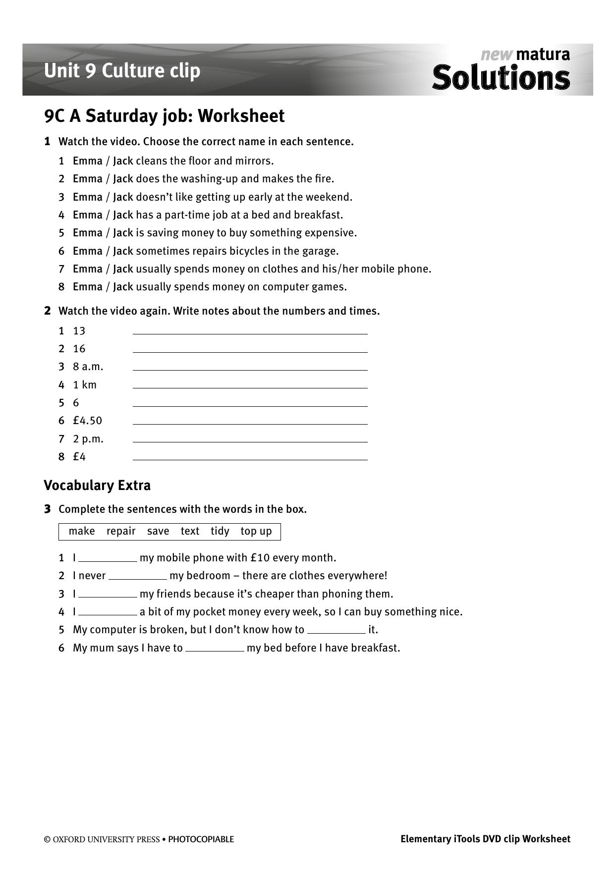 9C Saturday job worksheet, answers, script by Unknown