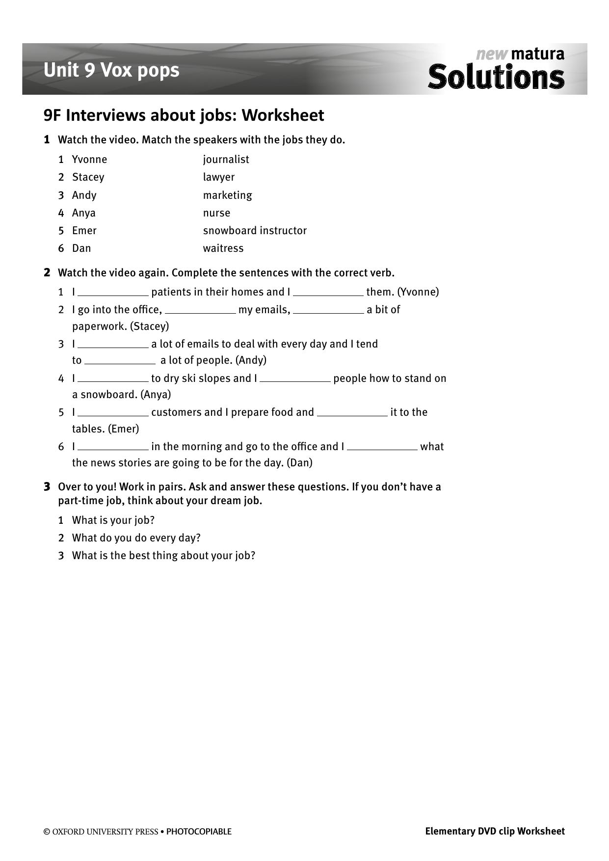 9F Interviews re jobs worksheet, answers by Unknown