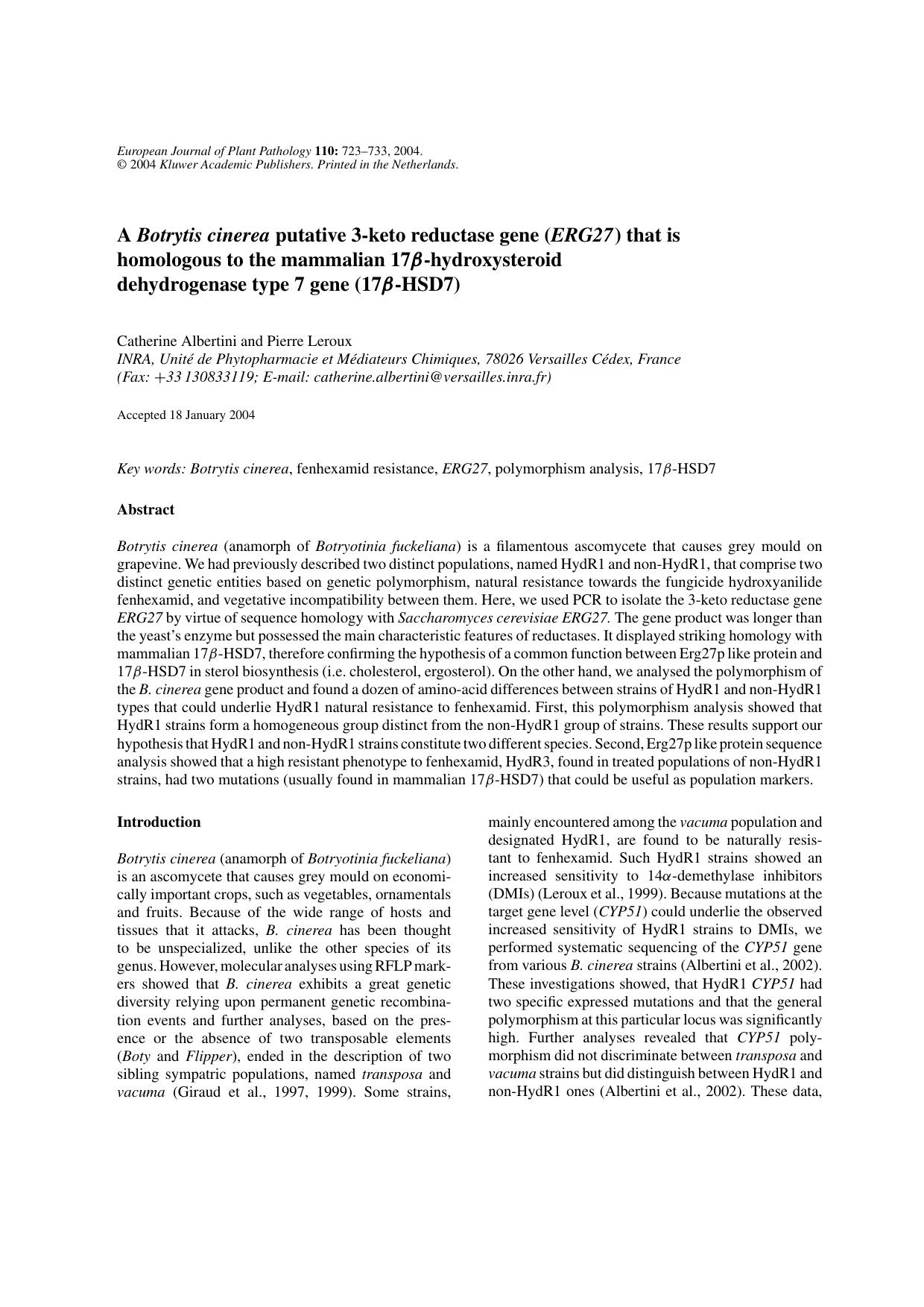 A <Emphasis Type="Italic">Botrytis cinerea<Emphasis> Putative 3-keto Reductase Gene (<Emphasis Type="Italic">ERG27<Emphasis>) that is Homologous to the Mammalian 17&#x03B2;-Hydroxy by Unknown