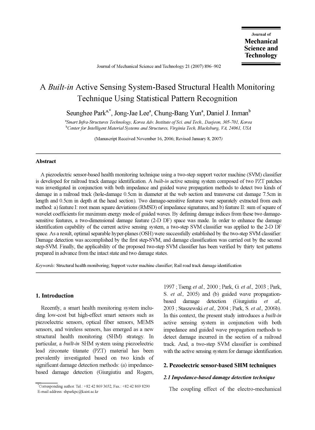 A <Emphasis Type="Italic">built-in <Emphasis> active sensing system-based structural health monitoring technique using statistical pattern recognition by Unknown
