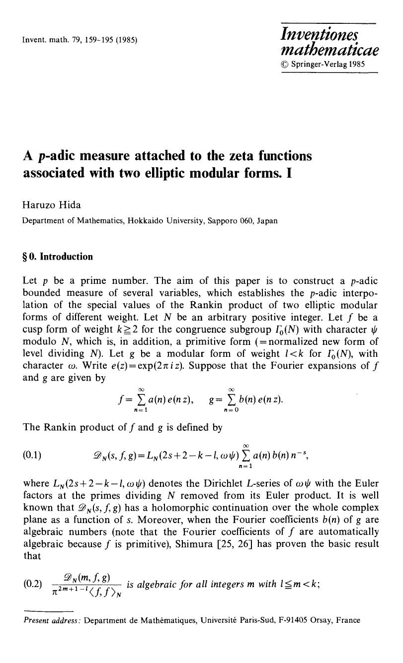 A <Emphasis Type="Italic">p <Emphasis>-adic measure attached to the zeta functions associated with two elliptic modular forms. I by Unknown