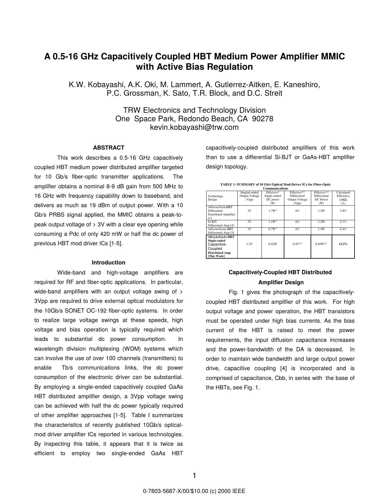 A 0.5-16 GHz Capacitively Coupled HBT Medium Power Amplifier MMIC with Active Bias Regulation by unknow