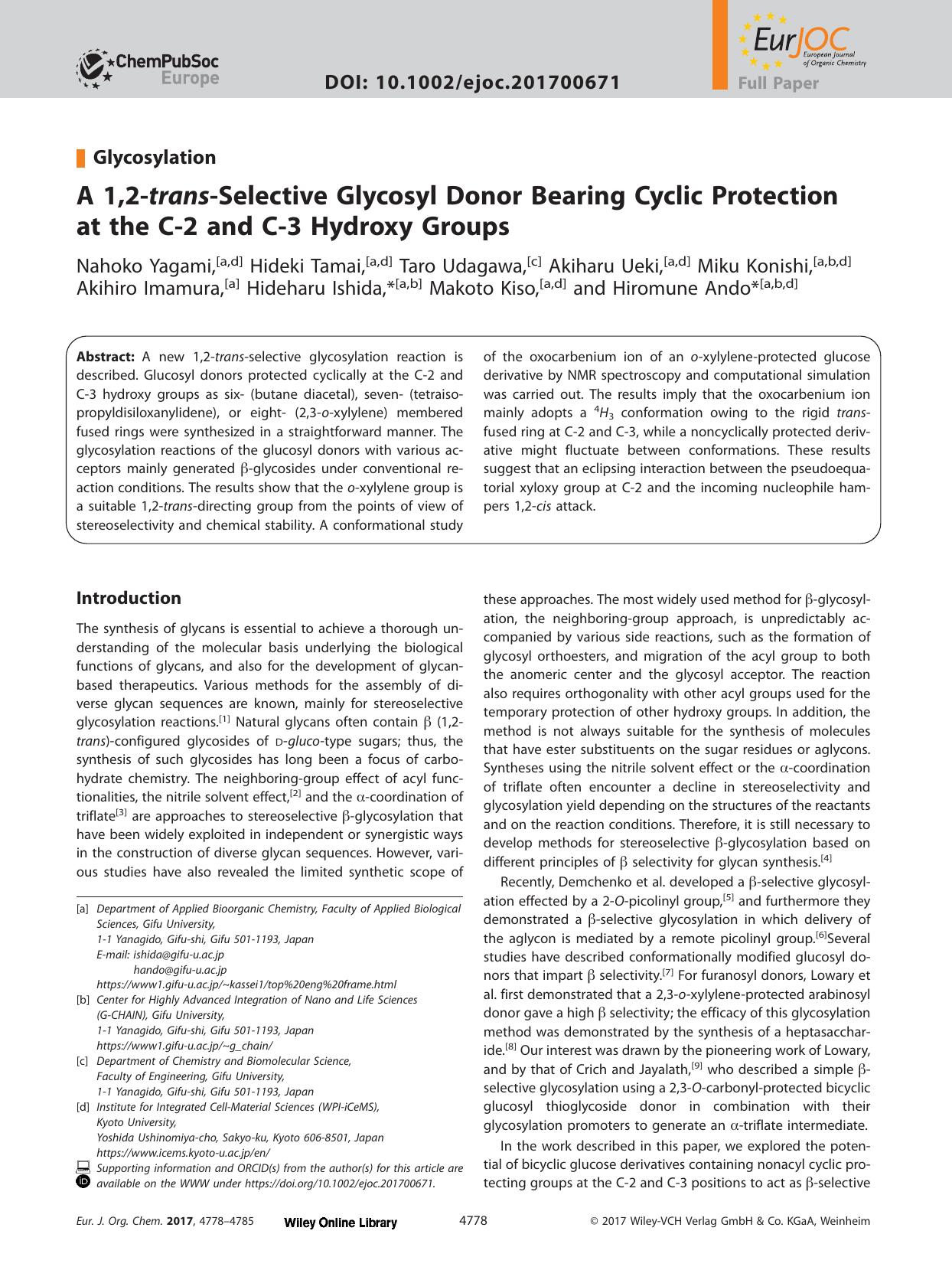 A 1,2&#x02010;<i>trans<i>&#x02010;Selective Glycosyl Donor Bearing Cyclic Protection at the C&#x02010;2 and C&#x02010;3 Hydroxy Groups by Unknown