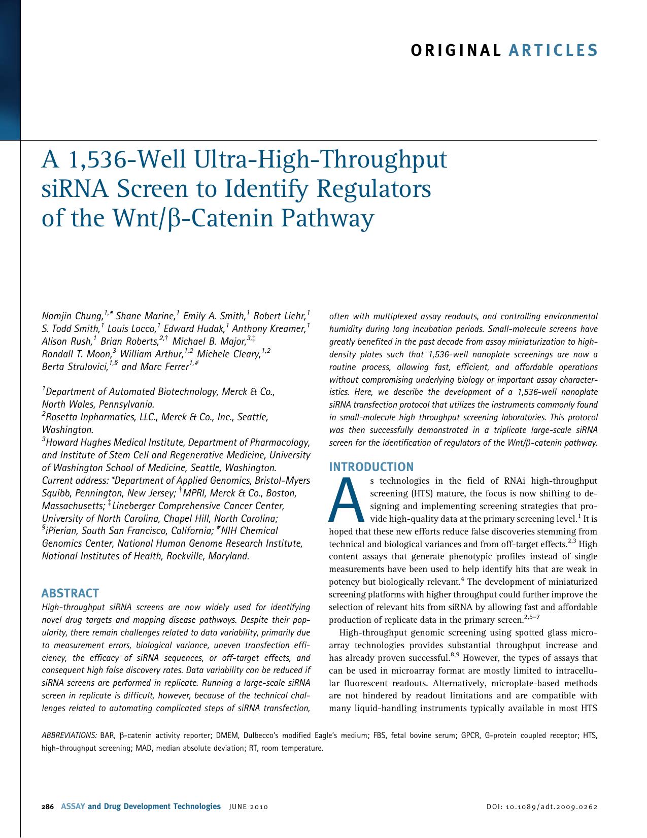 A 1,536-Well Ultra-High-Throughput siRNA Screen to Identify Regulators of the WntÎ²-Catenin Pathway by unknow