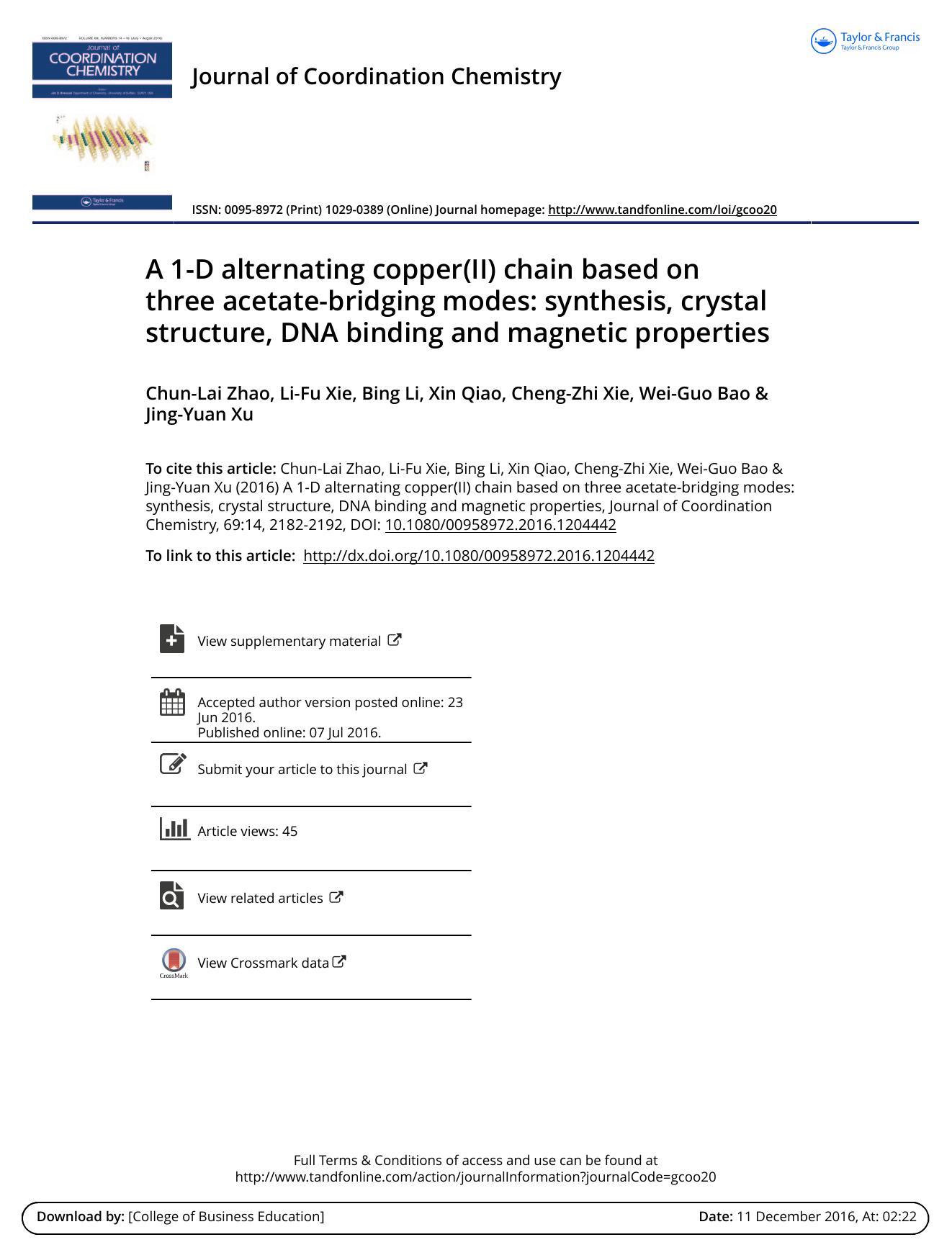A 1-D alternating copper(II) chain based on three acetate-bridging modes: synthesis, crystal structure, DNA binding and magnetic properties by Chun-Lai Zhao & Li-Fu Xie & Bing Li & Xin Qiao & Cheng-Zhi Xie & Wei-Guo Bao & Jing-Yuan Xu