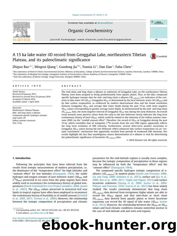 A 15ka lake water ÃÂ´D record from Genggahai Lake, northeastern Tibetan Plateau, and its paleoclimatic significance by Zhiguo Rao & Mingrui Qiang & Guodong Jia & Yunxia Li & Dan Dan & Fahu Chen