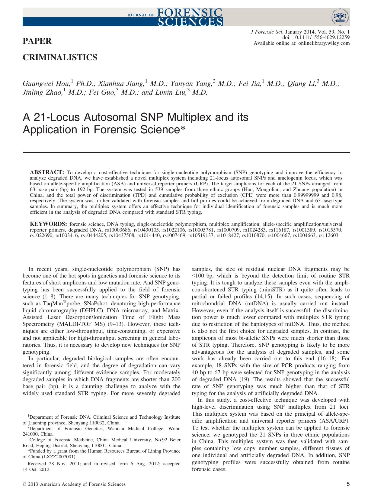 A 21Locus Autosomal SNP Multiplex and its Application in Forensic Science by Unknown