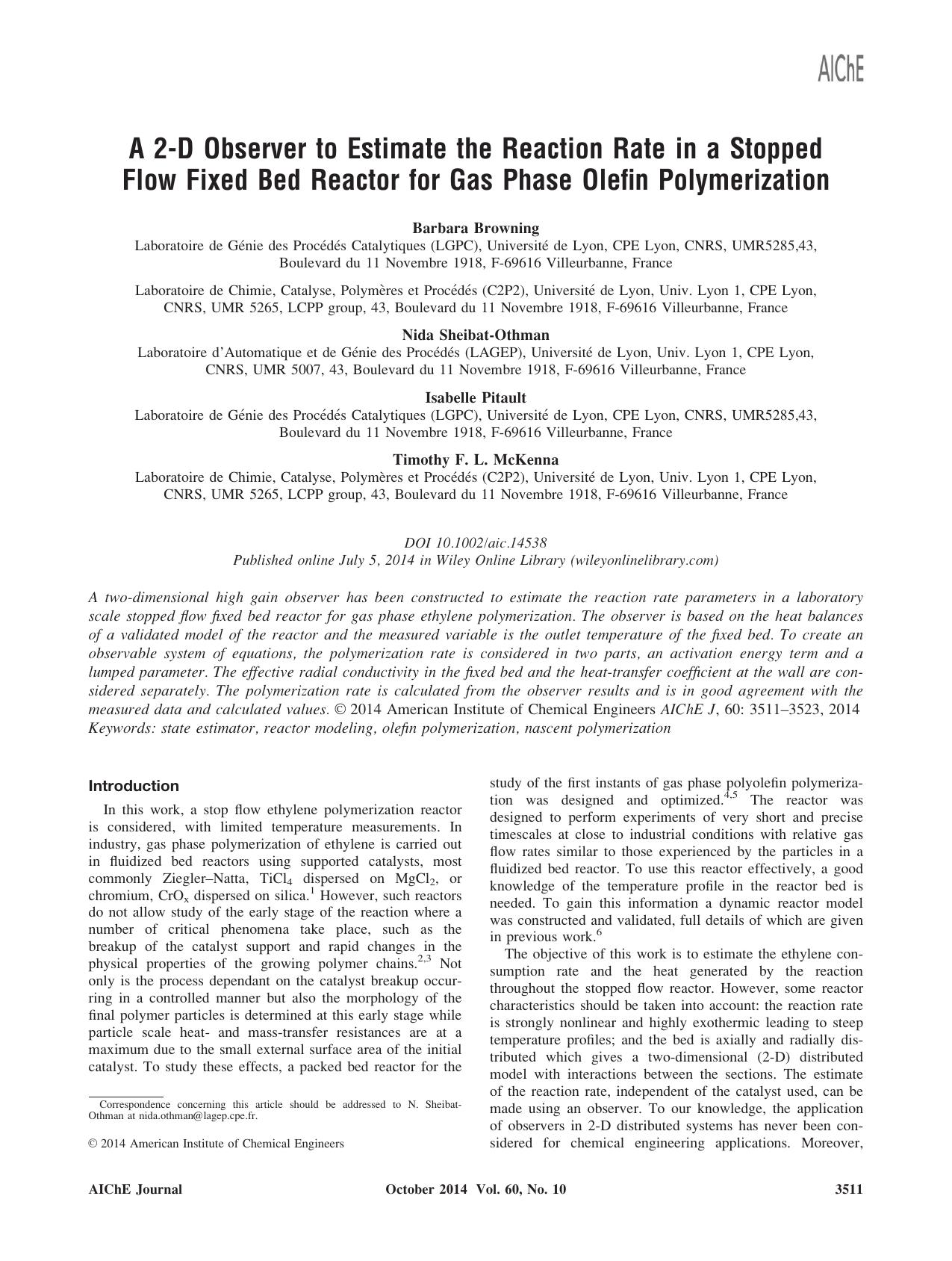 A 2D observer to estimate the reaction rate in a stopped flow fixed bed reactor for gas phase olefin polymerization by Unknown