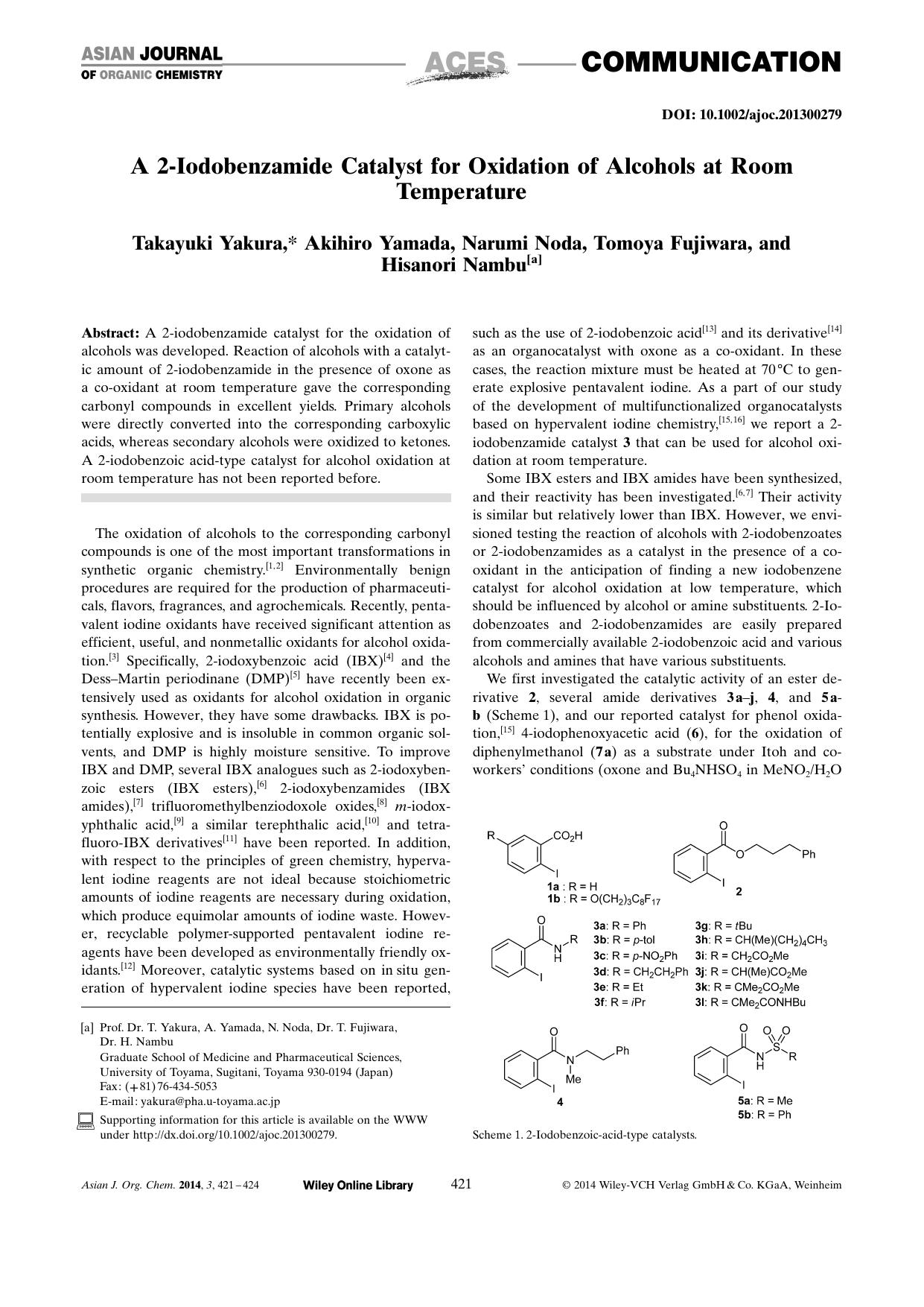 A 2Iodobenzamide Catalyst for Oxidation of Alcohols at Room Temperature by Unknown