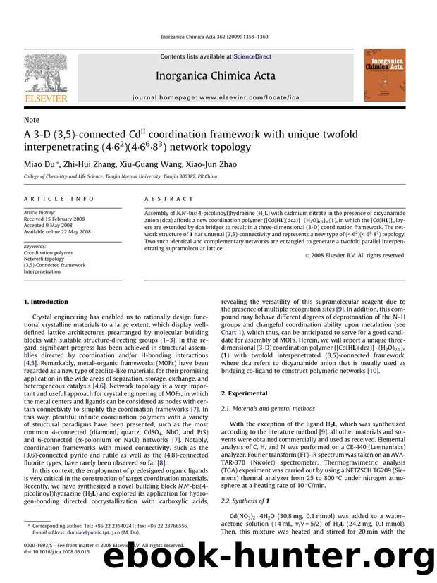 A 3-D (3,5)-connected CdII coordination framework with unique twofold interpenetrating (4Â·62)(4Â·66Â·83) network topology by Miao Du; Zhi-Hui Zhang; Xiu-Guang Wang; Xiao-Jun Zhao