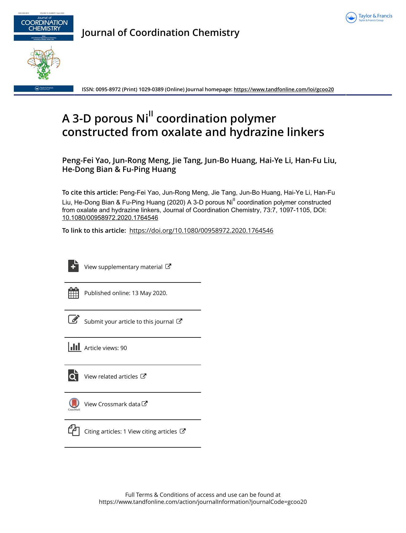A 3-D porous NiII coordination polymer constructed from oxalate and hydrazine linkers by unknow