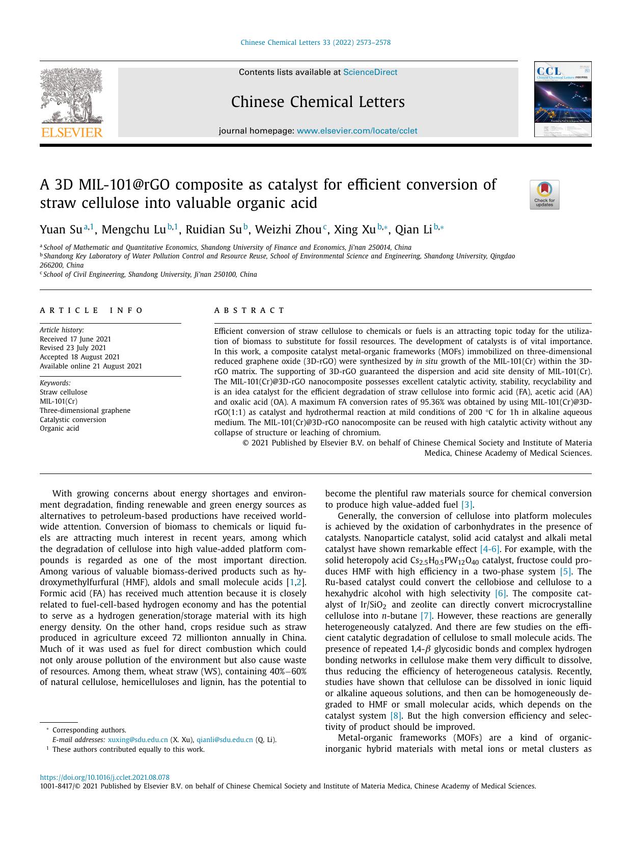 A 3D MIL-101@rGO composite as catalyst for efficient conversion of straw cellulose into valuable organic acid by Yuan Su & Mengchu Lu & Ruidian Su & Weizhi Zhou & Xing Xu & Qian Li