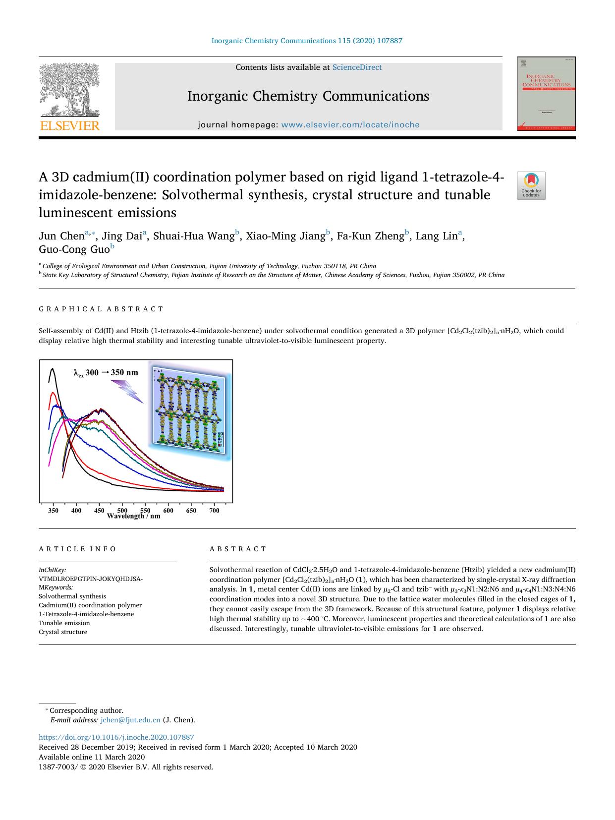 A 3D cadmium(II) coordination polymer based on rigid ligand 1-tetrazole-4-imidazole-benzene_ Solvothermal synthesis, crystal structure and tunable luminescent emissions by Jun Chen & Jing Dai & Shuai-Hua Wang & Xiao-Ming Jiang & Fa-Kun Zheng & Lang Lin & Guo-Cong Guo
