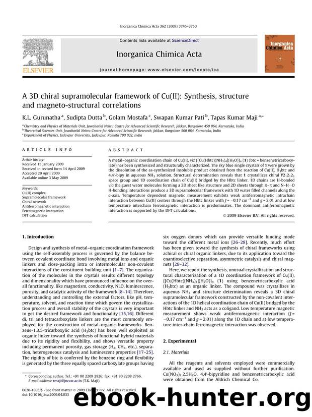 A 3D chiral supramolecular framework of Cu(II): Synthesis, structure and magneto-structural correlations by K.L. Gurunatha; Sudipta Dutta; Golam Mostafa; Swapan Kumar Pati; Tapas Kumar Maji