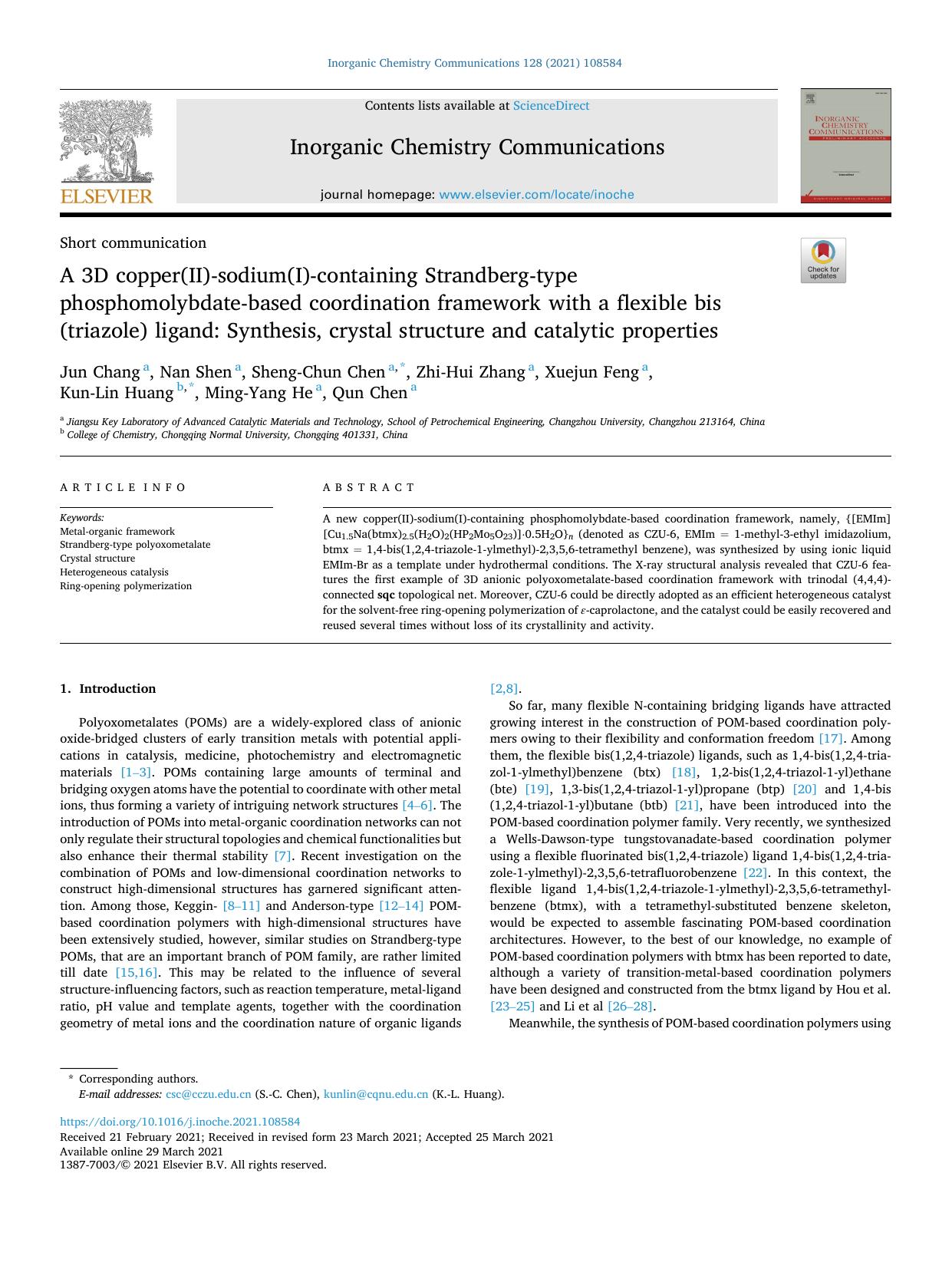 A 3D copper(II)-sodium(I)-containing Strandberg-type phosphomolybdate-based coordination framework with a flexible bis(triazole) ligand: Synthesis, crystal structure and catalytic properties by Jun Chang