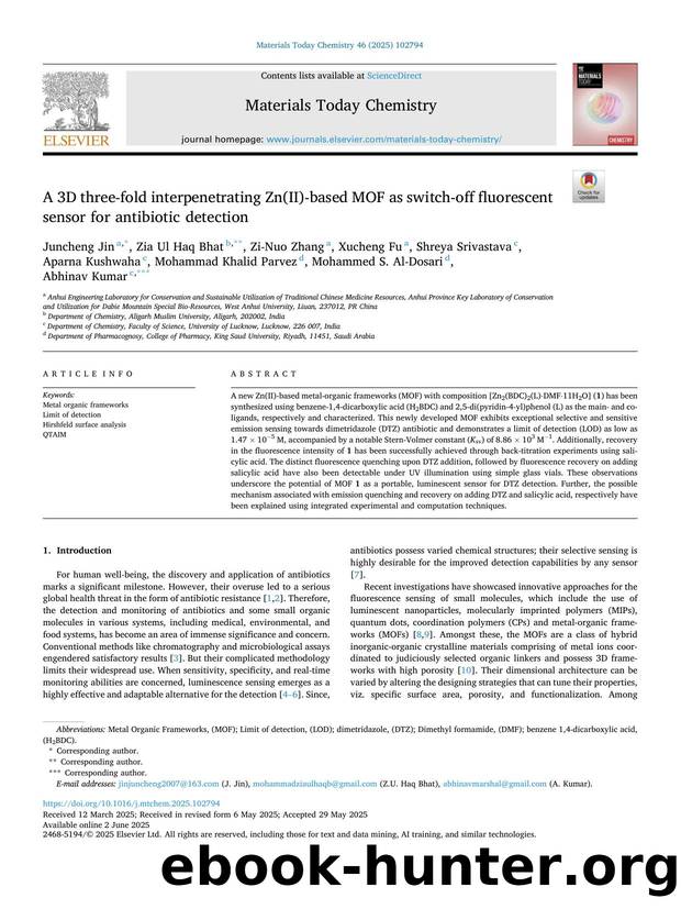 A 3D three-fold interpenetrating Zn(II)-based MOF as switch-off fluorescent sensor for antibiotic detection by unknow