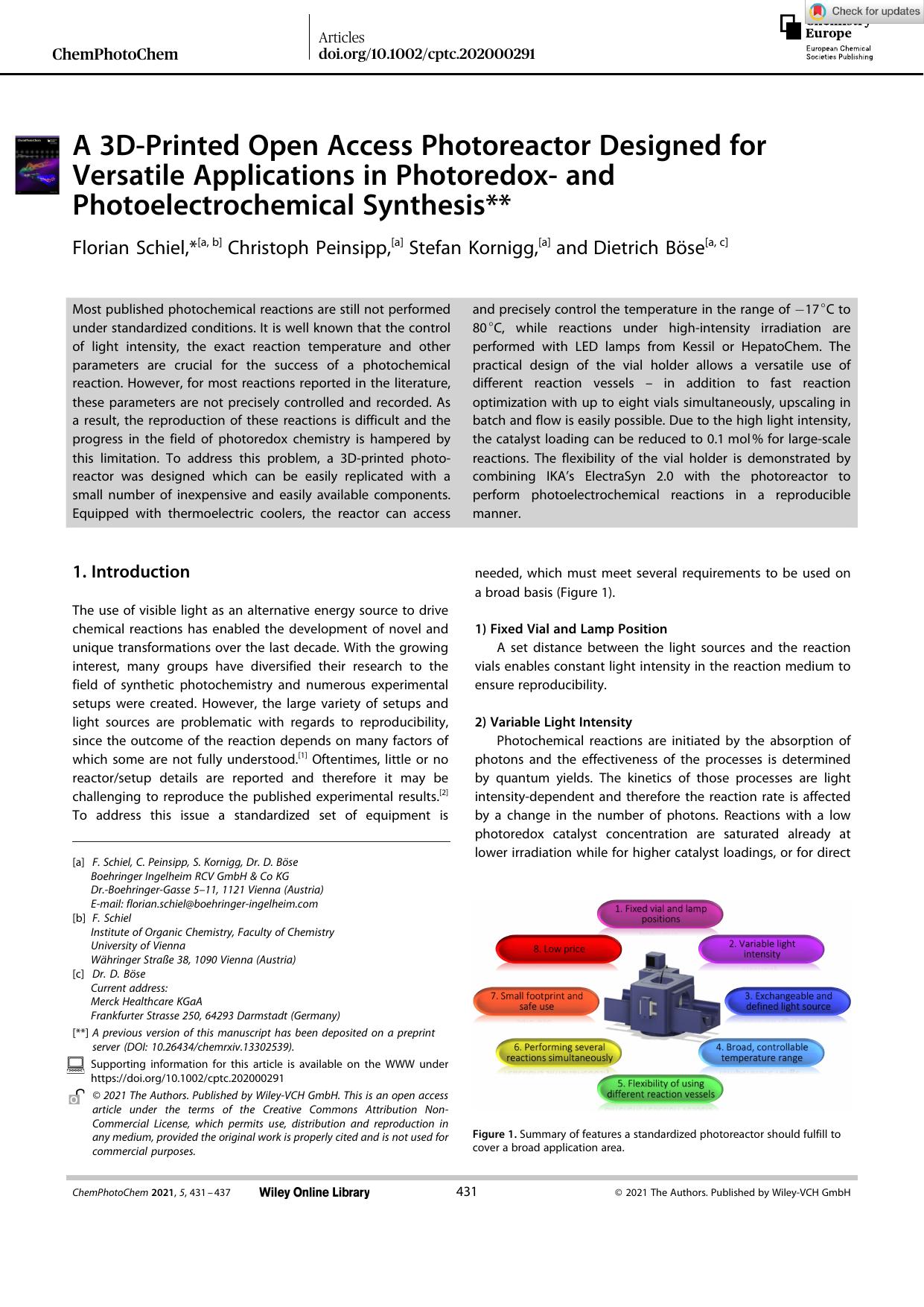 A 3DâPrinted Open Access Photoreactor Designed for Versatile Applications in Photoredoxâ and Photoelectrochemical Synthesis** by Unknown