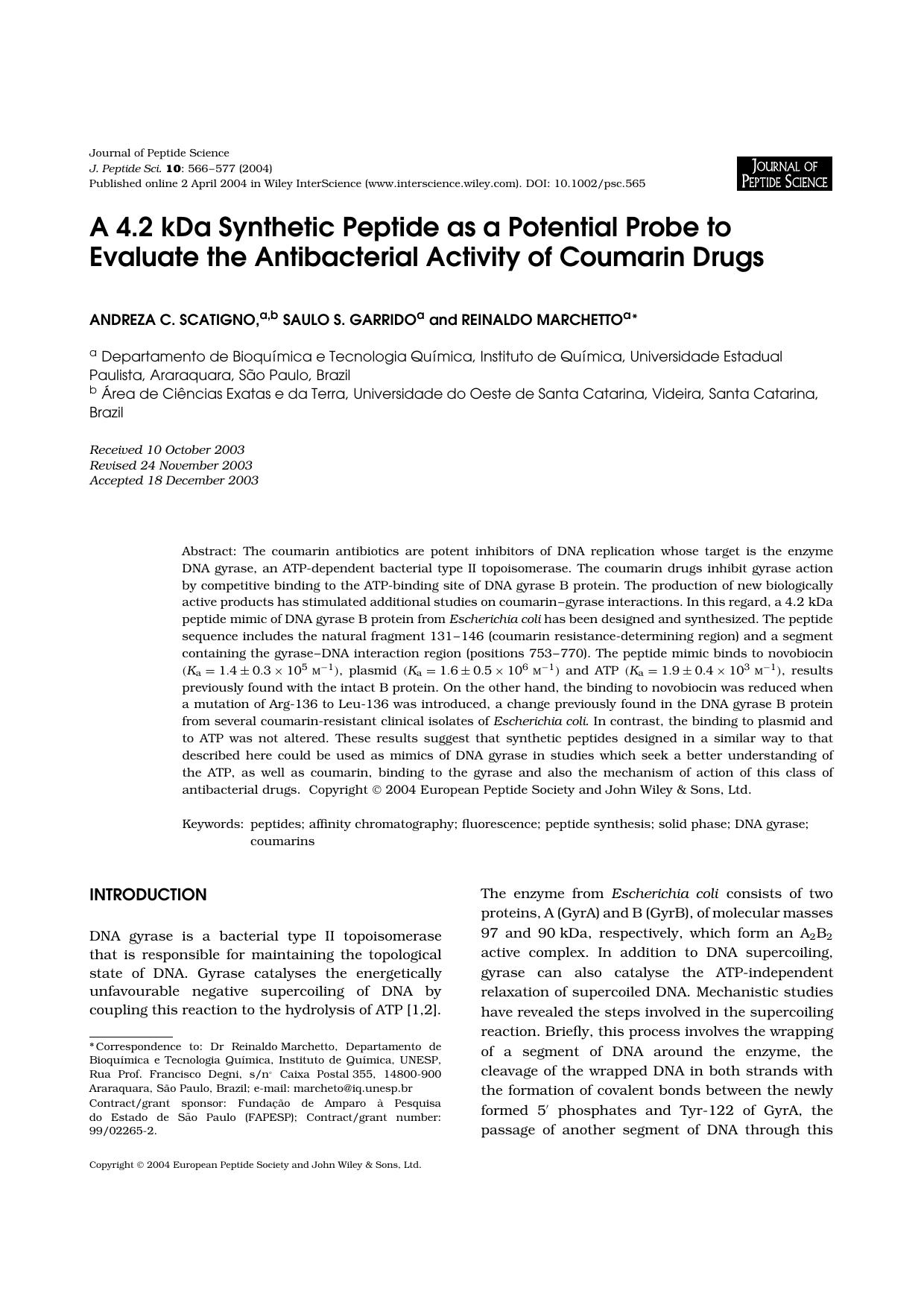 A 4.2 kDa synthetic peptide as a potential probe to evaluate the antibacterial activity of coumarin drugs by Unknown