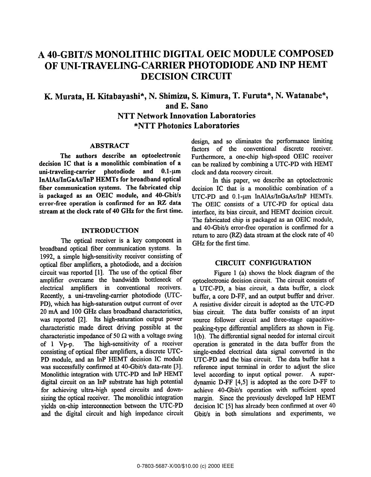 A 40-Gbits Monolithic Digital OEIC Module Composed of Uni-Traveling-Carrier Photodiode and InP HEMT Decision Circuit by K. Murata H. Kitabayashi N. Shimizu S. Kimura T. Furuta N. Watanabe & E. Sano